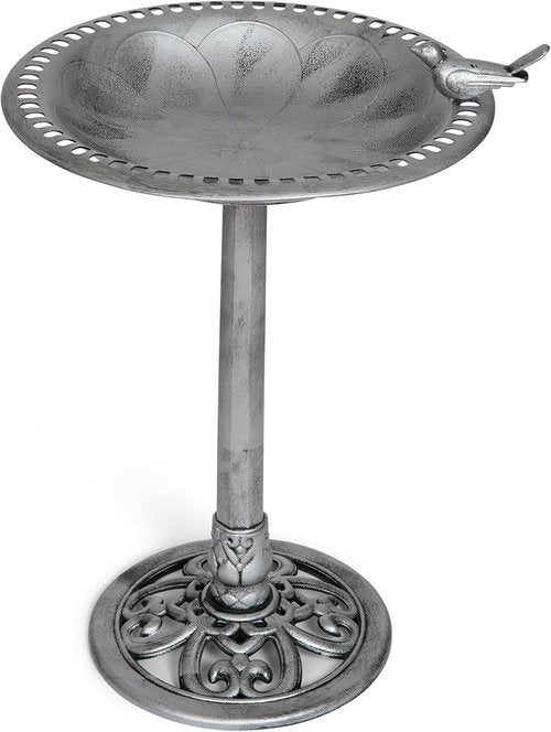 Backyard Expressions Outdoor Garden Bird Bath - Weather Resistant Polyresin - 30 Inch Silver