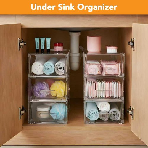 Clear Acrylic Fridge Organizer - 4 Pack Stackable Storage Drawers with Handles | Easy Assembly for Kitchen & Bathroom