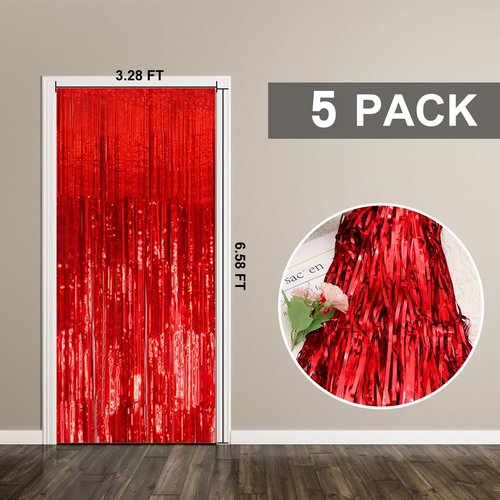 5 Pack Foil Curtain Backdrop Red Metallic Tinsel Foil Fringe Curtains Photo Booth Props for Birthday Wedding Engagement Baby Shower Bachelorette Christmas Holiday Celebration Party Decorations