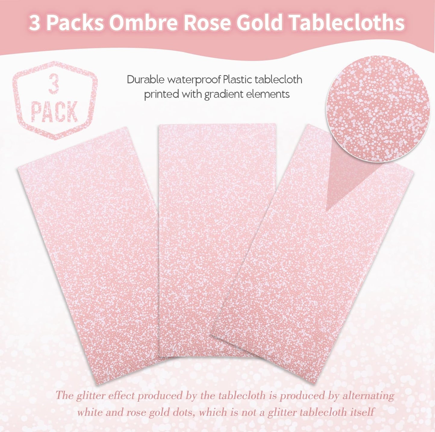 Kesfey 3 Packs Ombre Rose Gold Tablecloth 54 x 108 Inch Gradient Pastel Rose Gold Sequin Table Cloths Rectangle Disposable Plastic Rose Gold Sprinkle Glitter Table Cover for Birthday Party Decorations