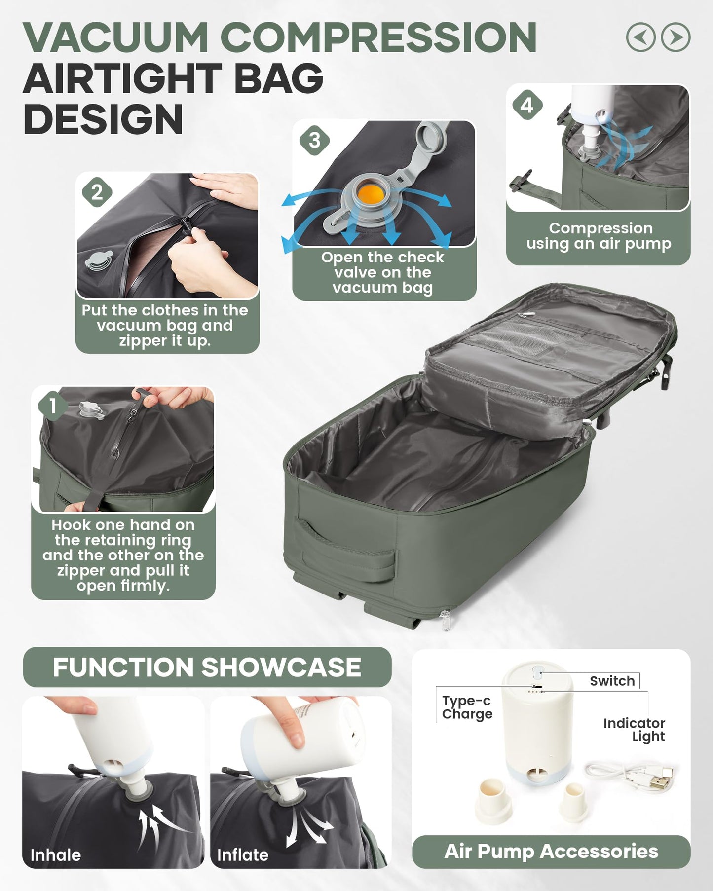 Vacuum Storage Travel Backpack with Air Pump Carry on Flight Approved Compression Vacpack Waterproof with Vacuum System Airplane Travel Essentials Daypack Laptop Space Saver Bags Women Green