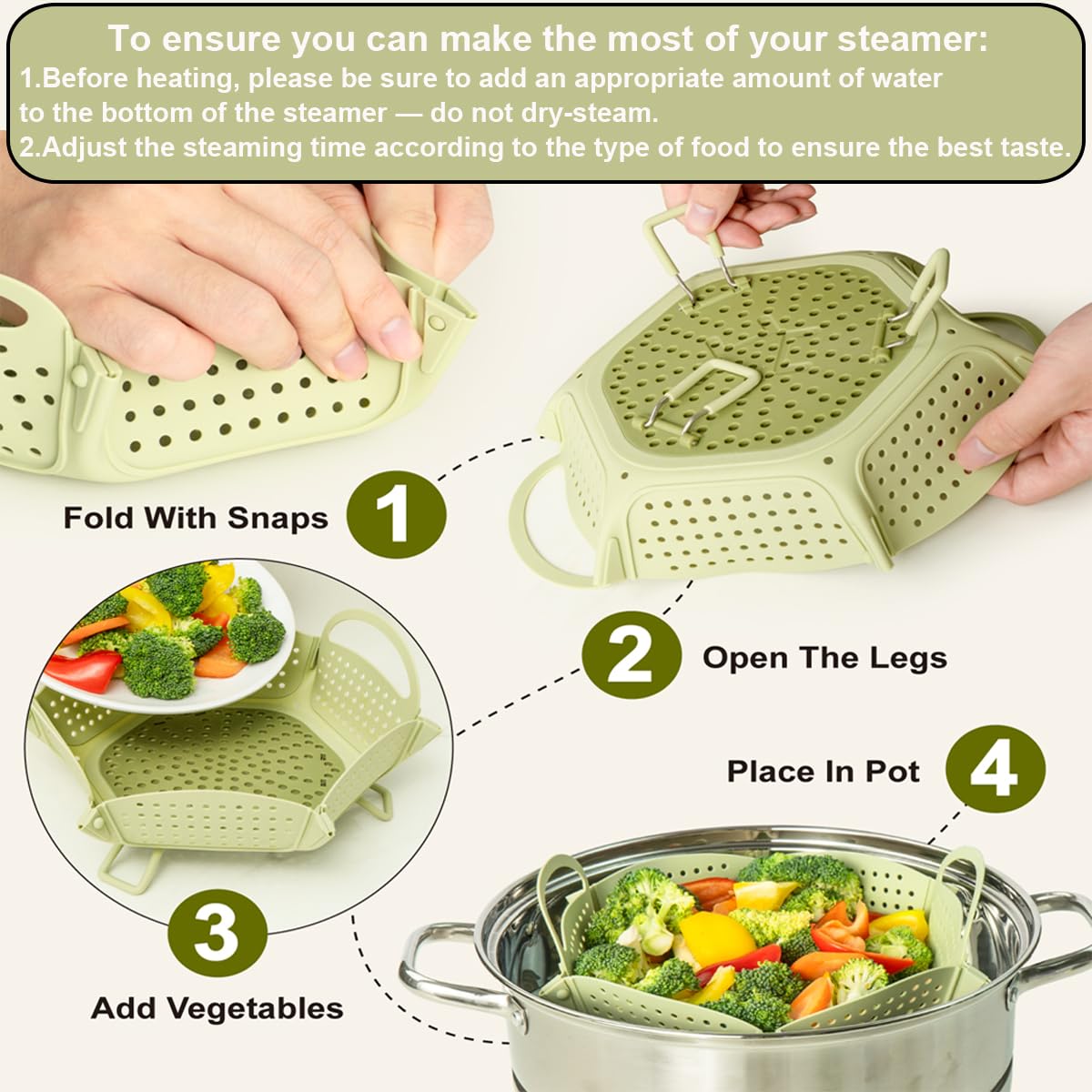 Large Collapsible Silicone Steamer Basket, Folding Silicone Vegetable Steamer Basket With Handles, BPA Free, Expandable for Pot, Non Slip Feet, Compact Storage, Dishwasher Safe