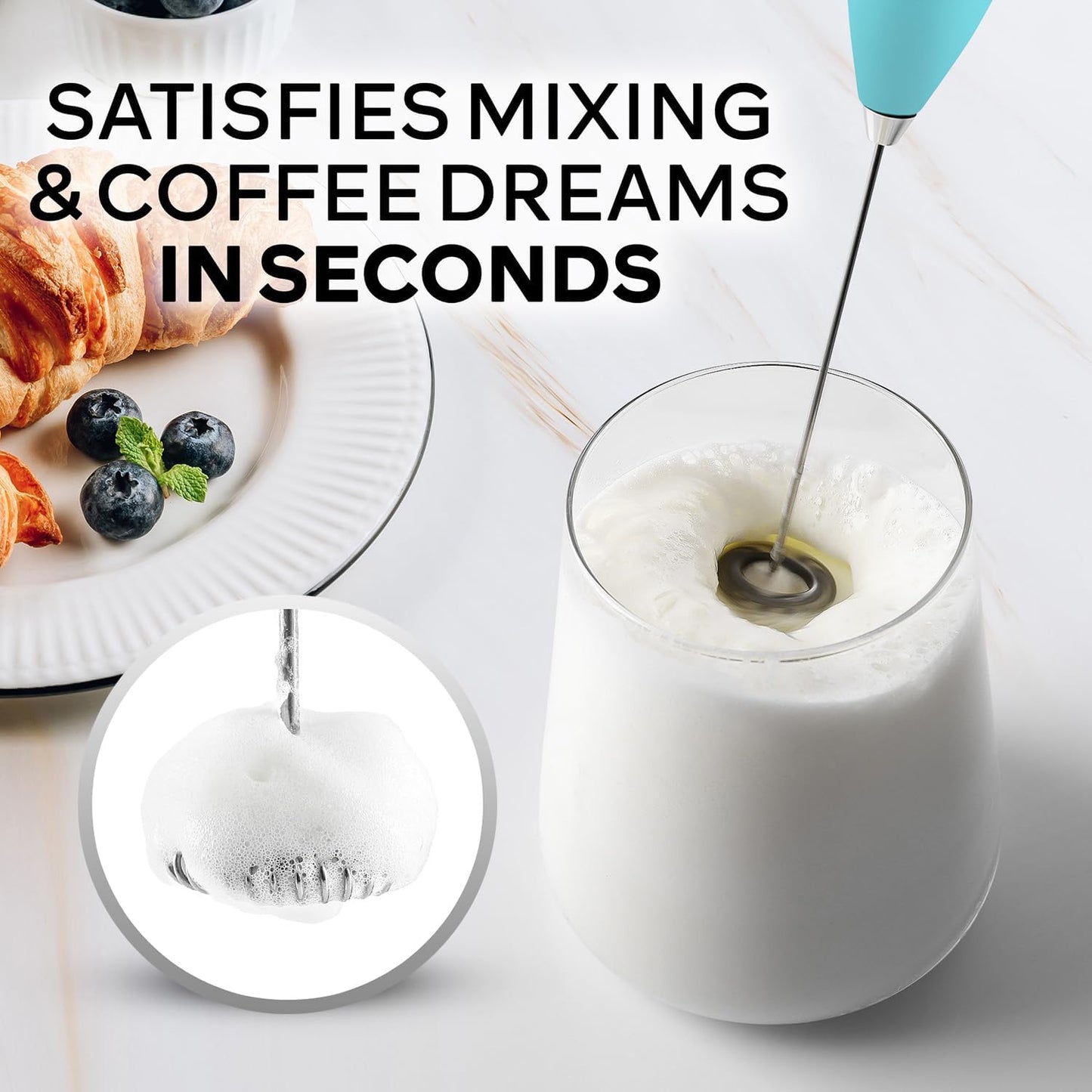 Zulay Kitchen Milk Frother Wand - Ultra-Fast Handheld Electric Whisk for Coffee & Lattes - Aqua Color