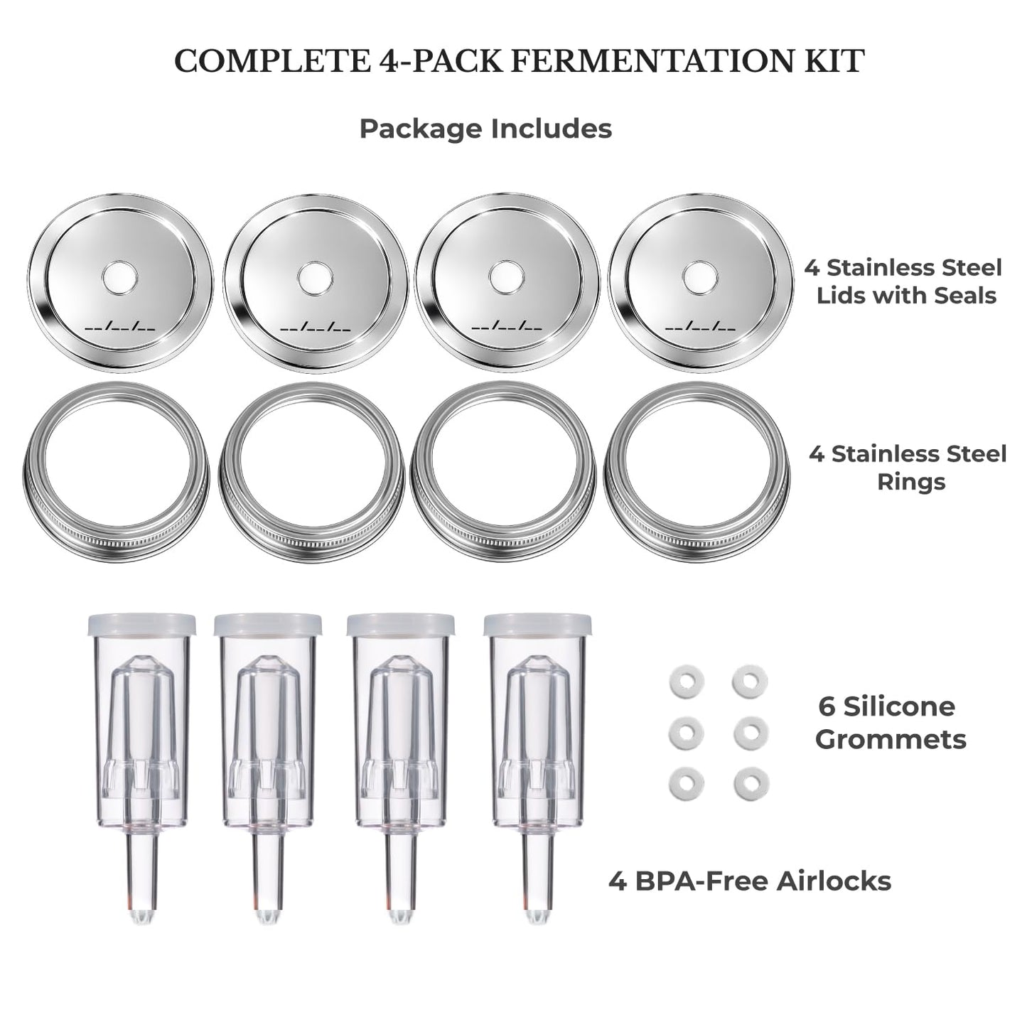 Jillmo Fermentation Lids for Wide Mouth Mason Jars, Stainless Steel Auto Venting Fermenting Lid Kit with Airlocks & Silicone Grommets for Pickles, Kimchi & Sauerkraut, 4 Pack, No Jars Included