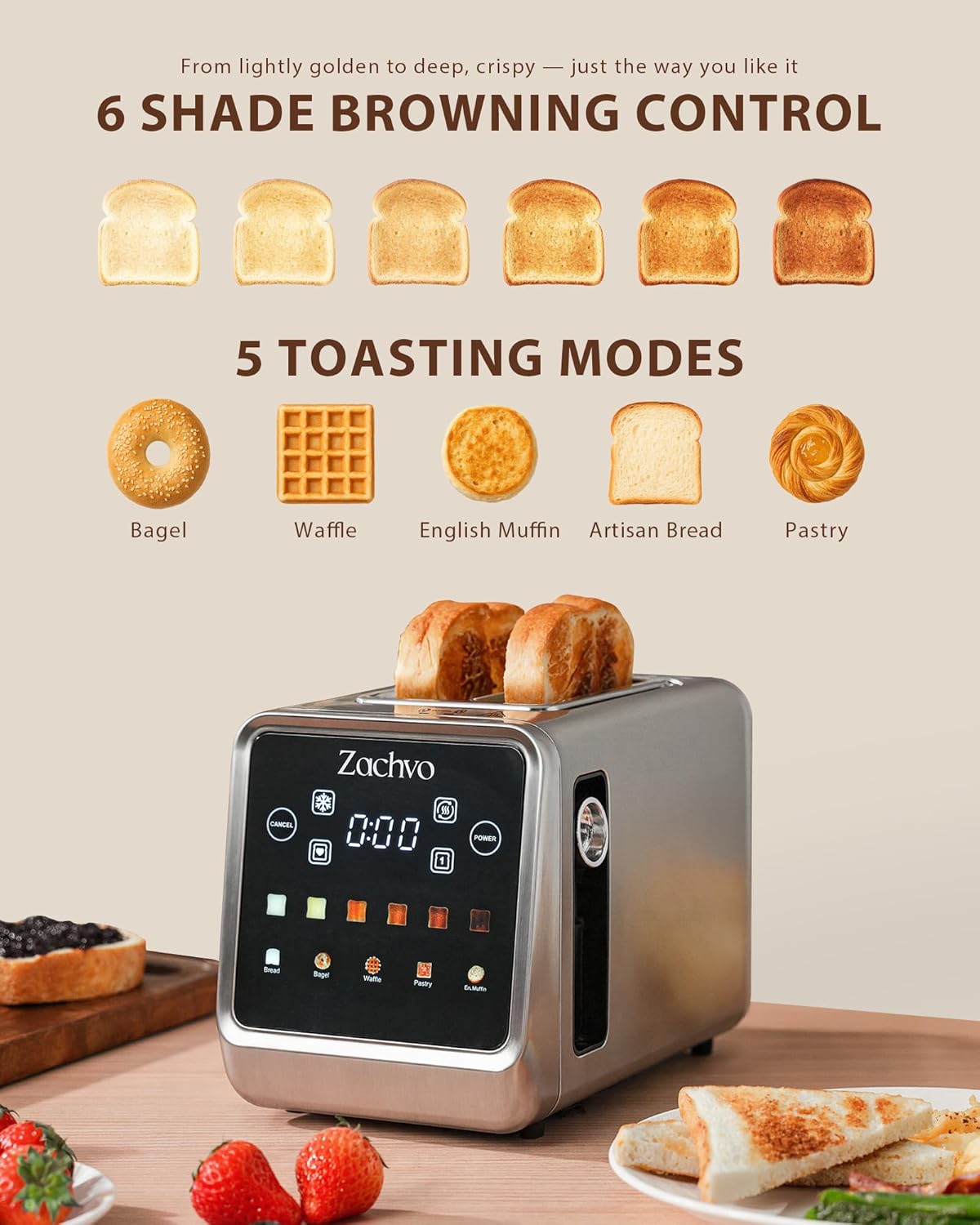 Skiennix 2-Slice Toaster - Smart Touchscreen & Digital Countdown Timer | 1.5" Wide Slots for Bagels & Bread