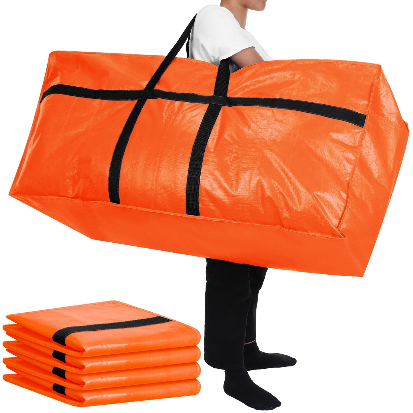 Windyun 4 Pack 57 Gallon Extra Large Moving Bags XXL Heavy Duty Storage Bag with Strong Zipper Handle Jumbo Big Tote Box Foldable for College Dorm Travel Clothes Duffle Blanket Pillow(Orange)