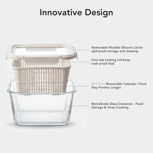 GENICOOK Glass Produce Storage Containers - Airtight 2-Pack for Fruits & Vegetables | BPA-Free Borosilicate Glass with Colanders