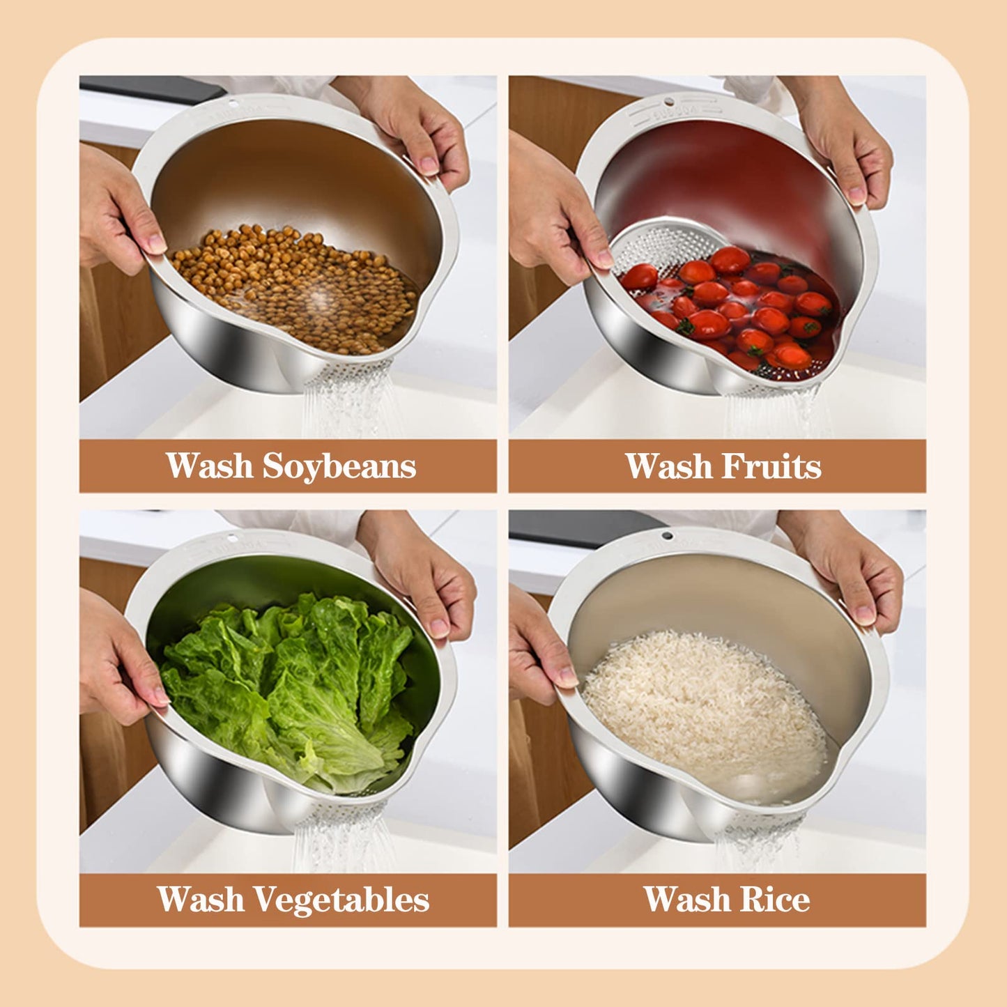 Rice Washer Strainer Bowl - 4-in-1 Washing Bowl for Quinoa, Stainless Steel Rinser With Side Drainers Small Colander for Cleaning Fruits, Vegetables, and Beans - Versatile Kitchen Tool