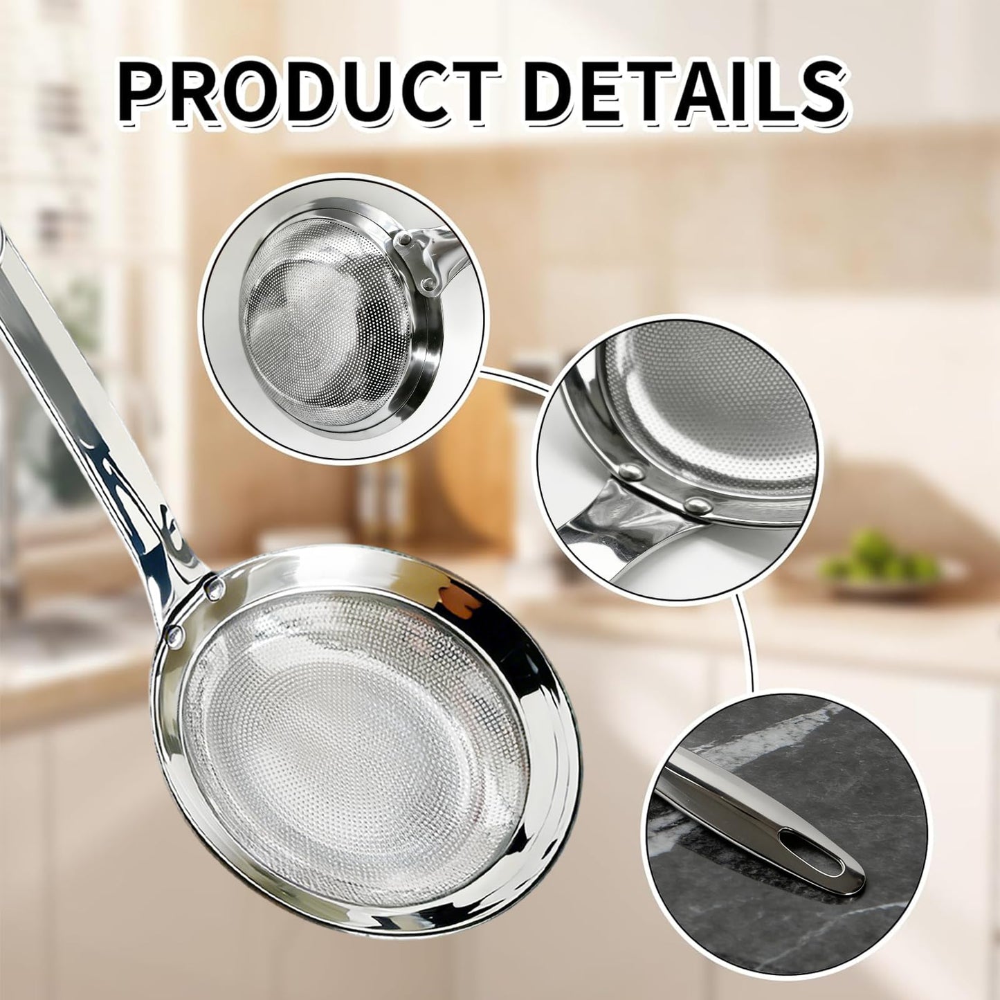 Stainless Steel Colander, 2024 Upgrade Extra Fine Mesh Strainer with Handle, Oil Filter Food Strainer, Kitchen Gadget (Small+Large)