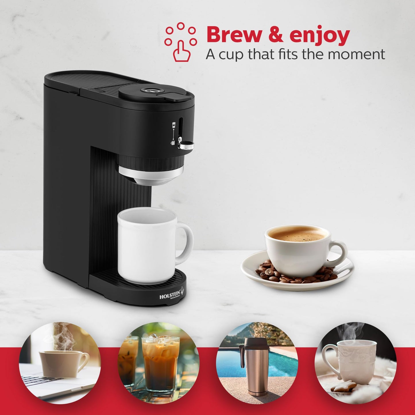 Holstein Housewares 2-in-1 Single Serve Coffee Maker, Dual Brew, Compatible with K-Cup Pods & Ground Coffee, Reusable Filter Included, Compact Drip Coffee Machine, 14oz Tank, Fits Most Cups - White