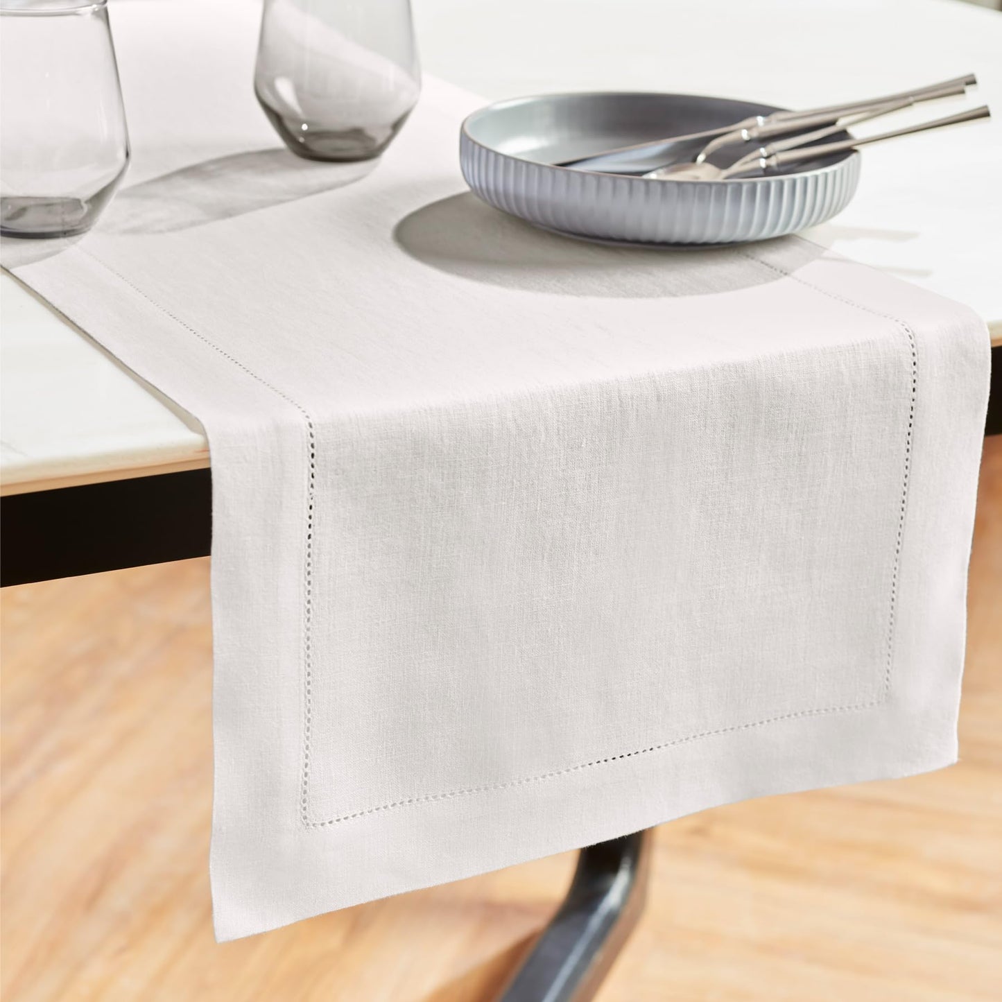 Solino Home Linen Indigo Navy Hemstitch Table Runner 60 Inches - 100% Pure Linen Small Table Runner 14 x 60 Inch Ideal for Dresser and Coffee Tables - Sonoma Hemstitch, 4th of July
