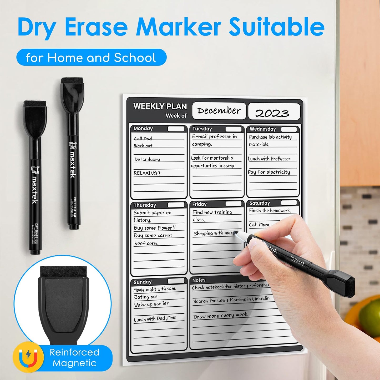 maxtek Magnetic Black Dry Erase Markers, 6 Count Fine Tip Whiteboard Markers with Eraser, Thin Markers Low Odor for Classroom, Office, Home
