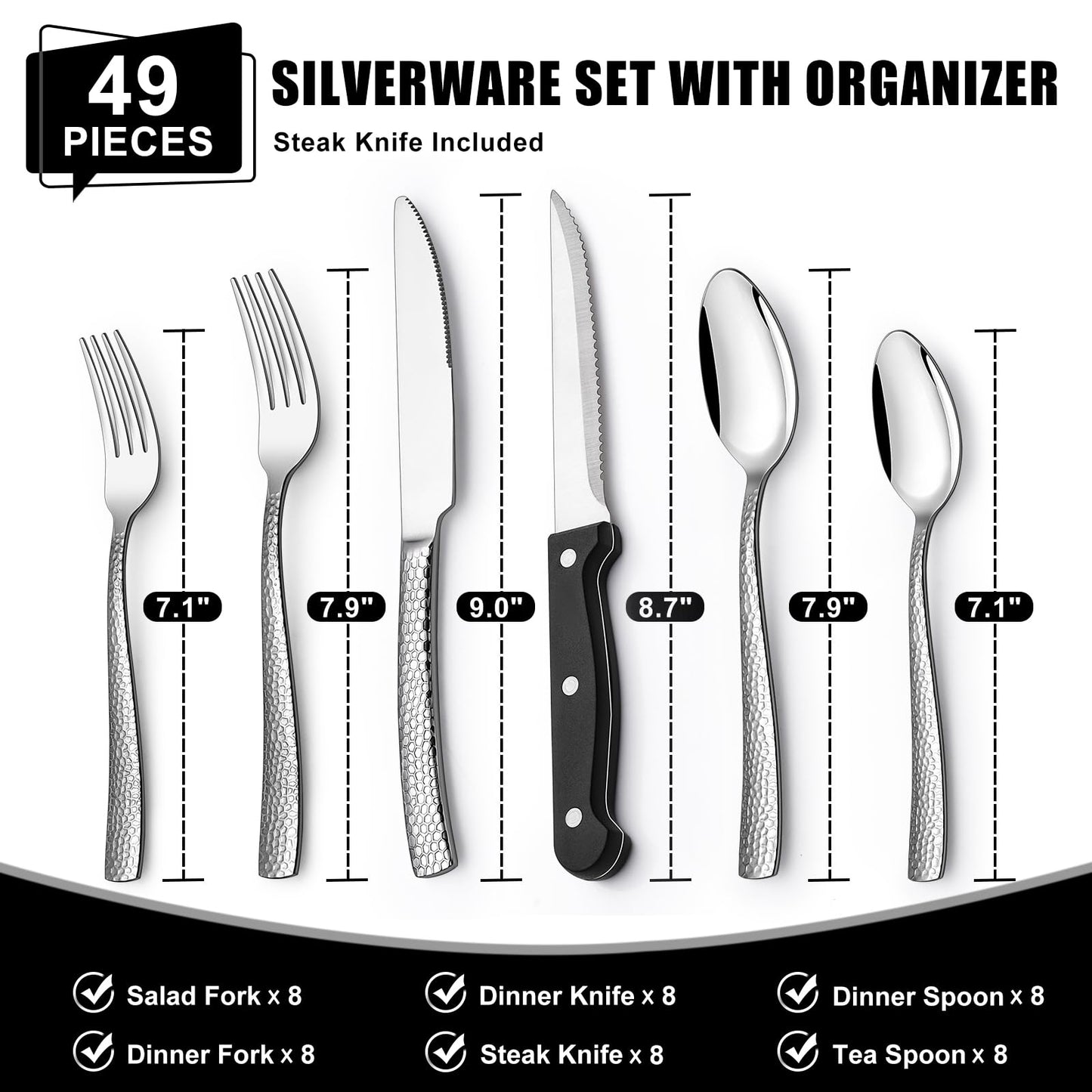 49-Piece Hammered Silverware Set with Organizer, Food-Grade Stainless Steel Flatware for 8, Cutlery Utensil Sets with Steak Knives, Rust-proof, Mirror Polished, Dishwasher Safe, Wave Hammered