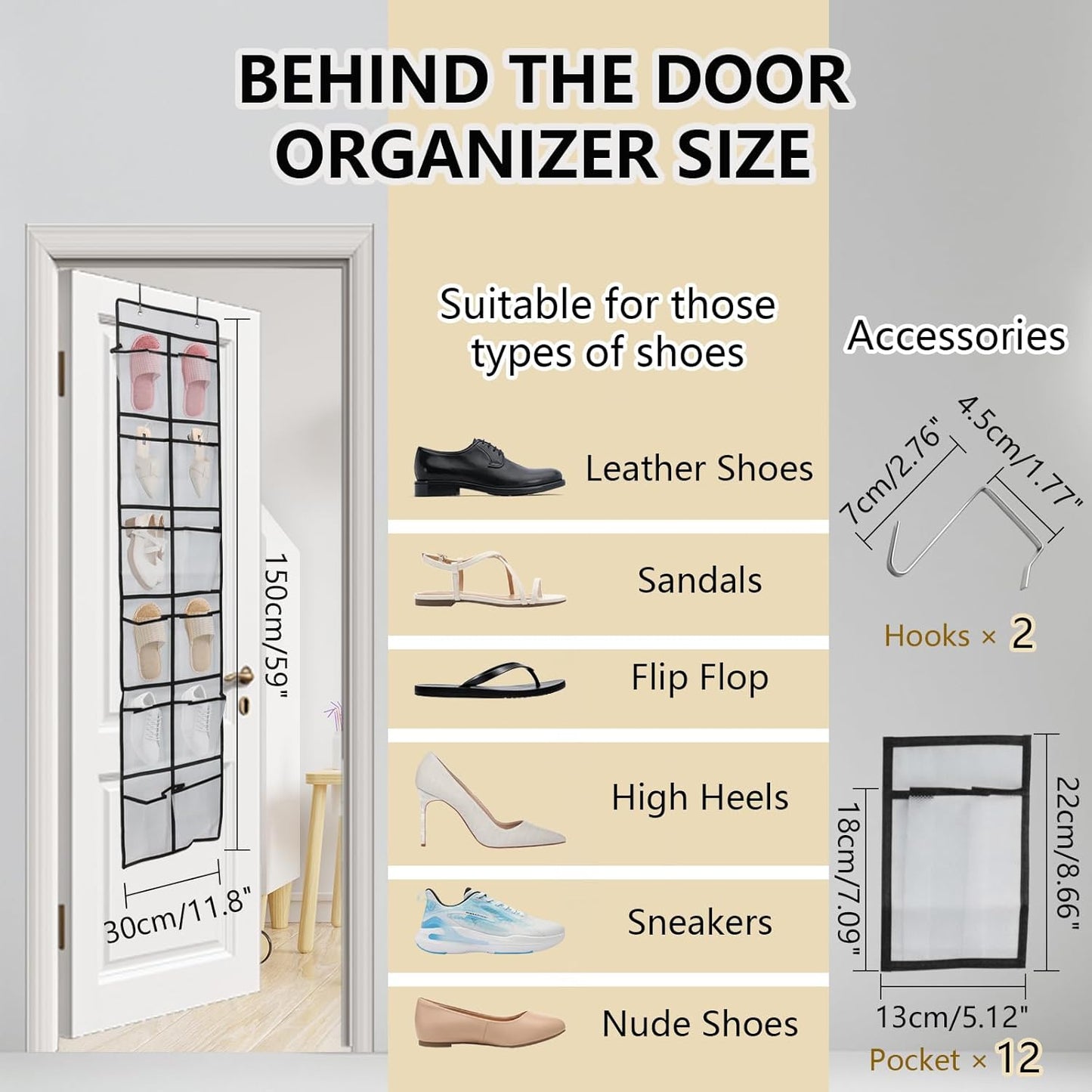 Over The Door Shoe Organizer - 12 Mesh Pockets With 4 Metal Hooks | Space-Saving Storage Solution (White)