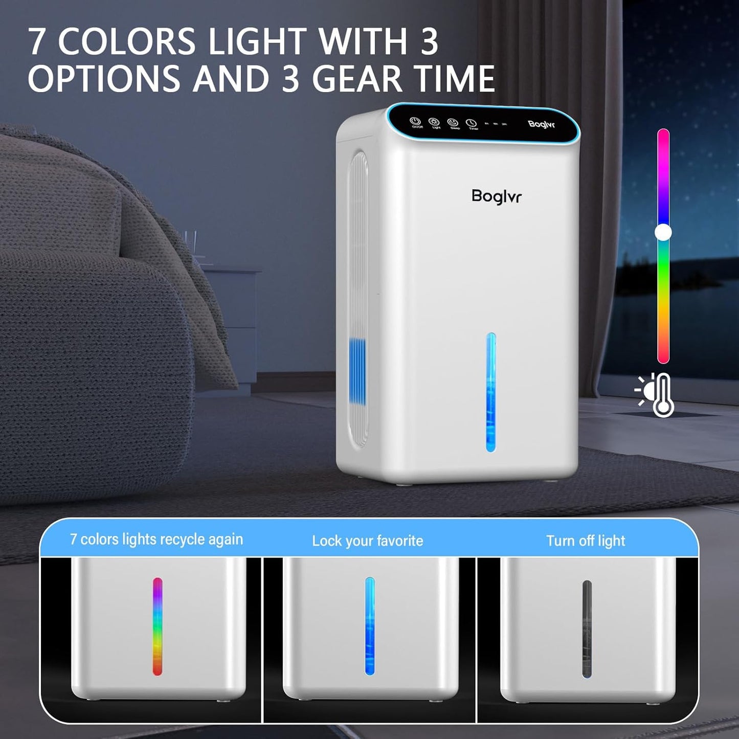 Skiennix Dehumidifier - Quiet 85 OZ Home Unit for Bedrooms & Basements | Auto Shut Off, 7 Color Light