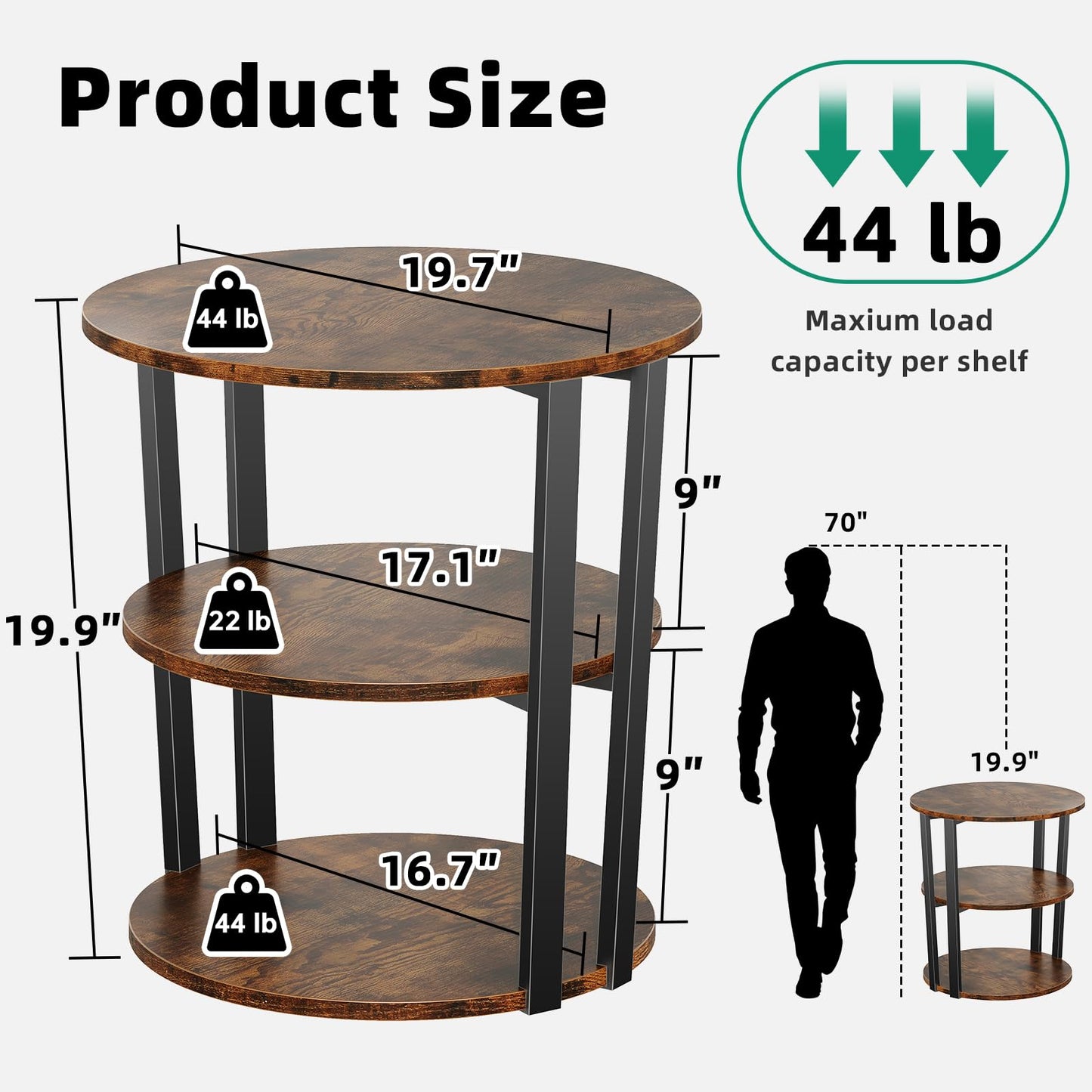 Kalrin Round Side Table, 3-Tier Rotating Side Table, Big Shelf End Table Living Room with Lazy Susan, Nightstand for Small Spaces Living Room Bedroom Sofa, Vintage Brown