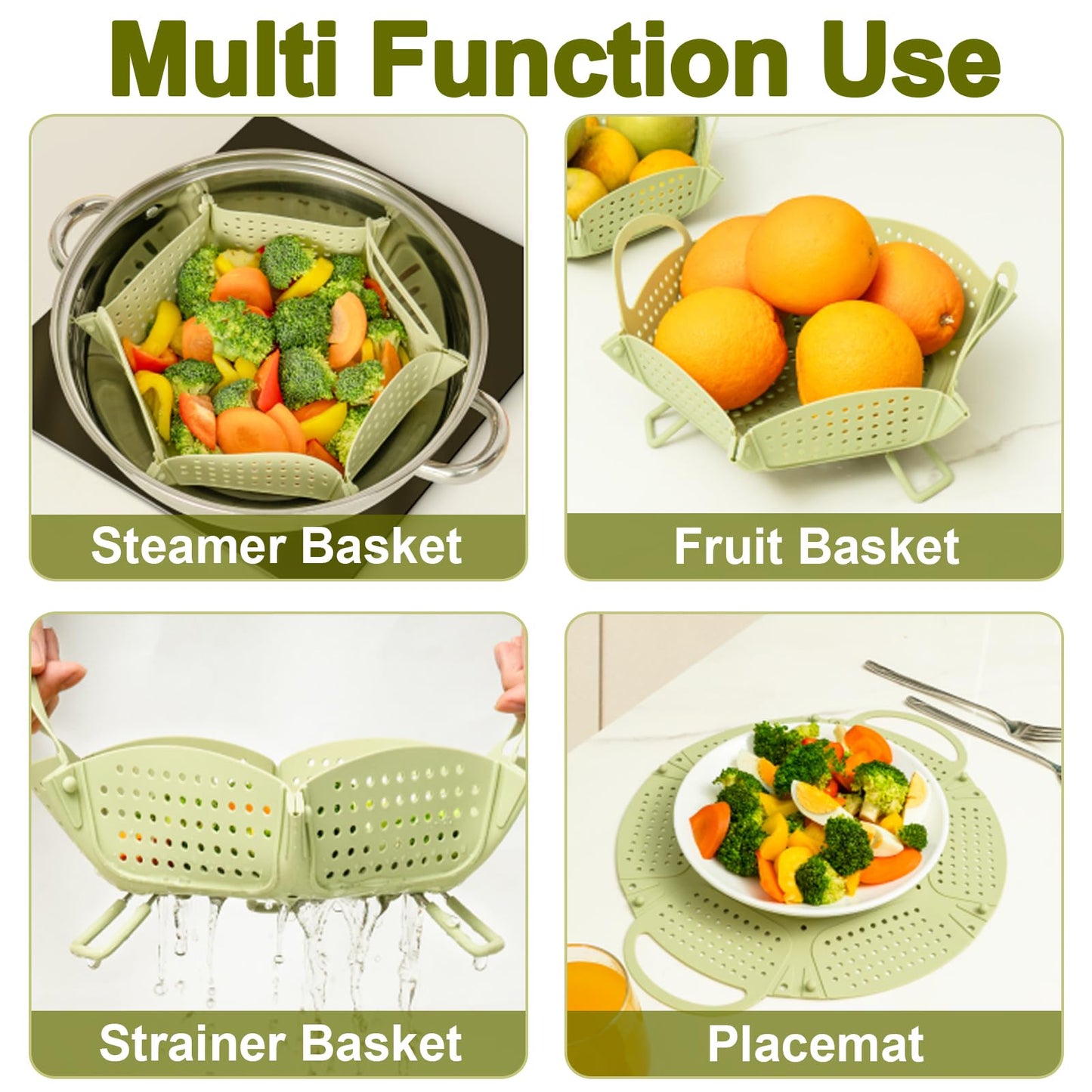 Large Collapsible Silicone Steamer Basket, Folding Silicone Vegetable Steamer Basket With Handles, BPA Free, Expandable for Pot, Non Slip Feet, Compact Storage, Dishwasher Safe