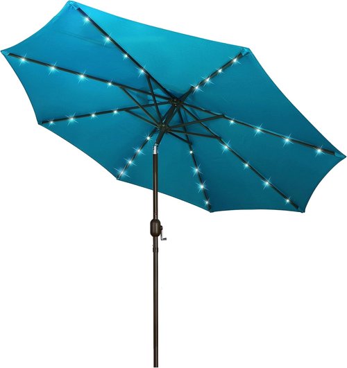 Blissun 9 Ft Solar Umbrella - 32 LED Lighted Patio Umbrella with Tilt & Crank | Cerulean Color for Garden, Deck & Pool
