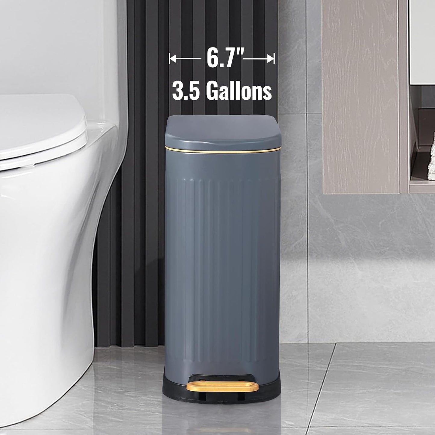 SYNCVIBE Slim Bathroom Trash Can - Soft Close Lid & Removable Inner Bucket | Matt Grey, 3.5 Gallons