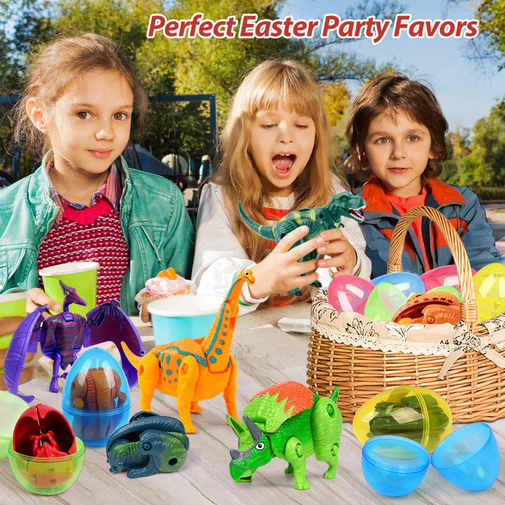 OCATO Easter Eggs Filled with Dinosaur Toys Jumbo Deformation Dinosaur Eggs Easters Egg Fillers Plastic Surprise Egg Easters Basket Stuffers Easter Party Favors for Kids Boys Girls Toddlers 6 Pack