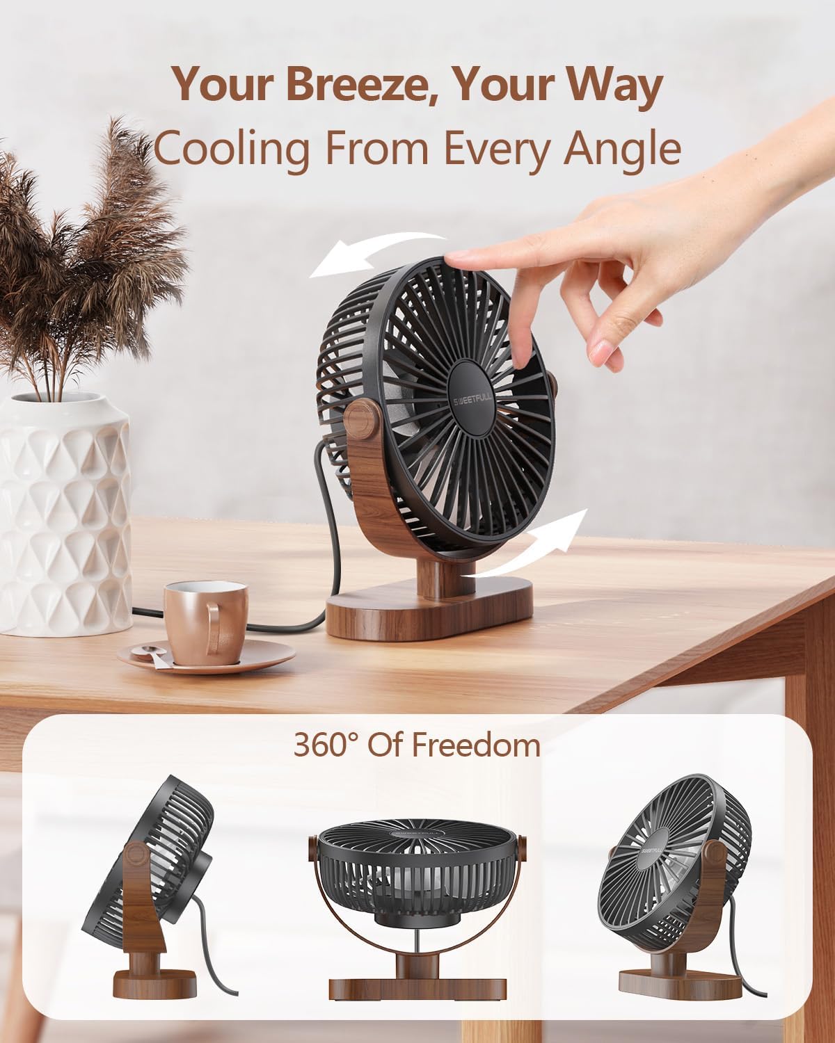 Sweetfull USB Small Desk Fan - 3-Speed Quiet Portable Mini Fan | 360° Adjustable for Home, Office & Travel - Black Wood Grain