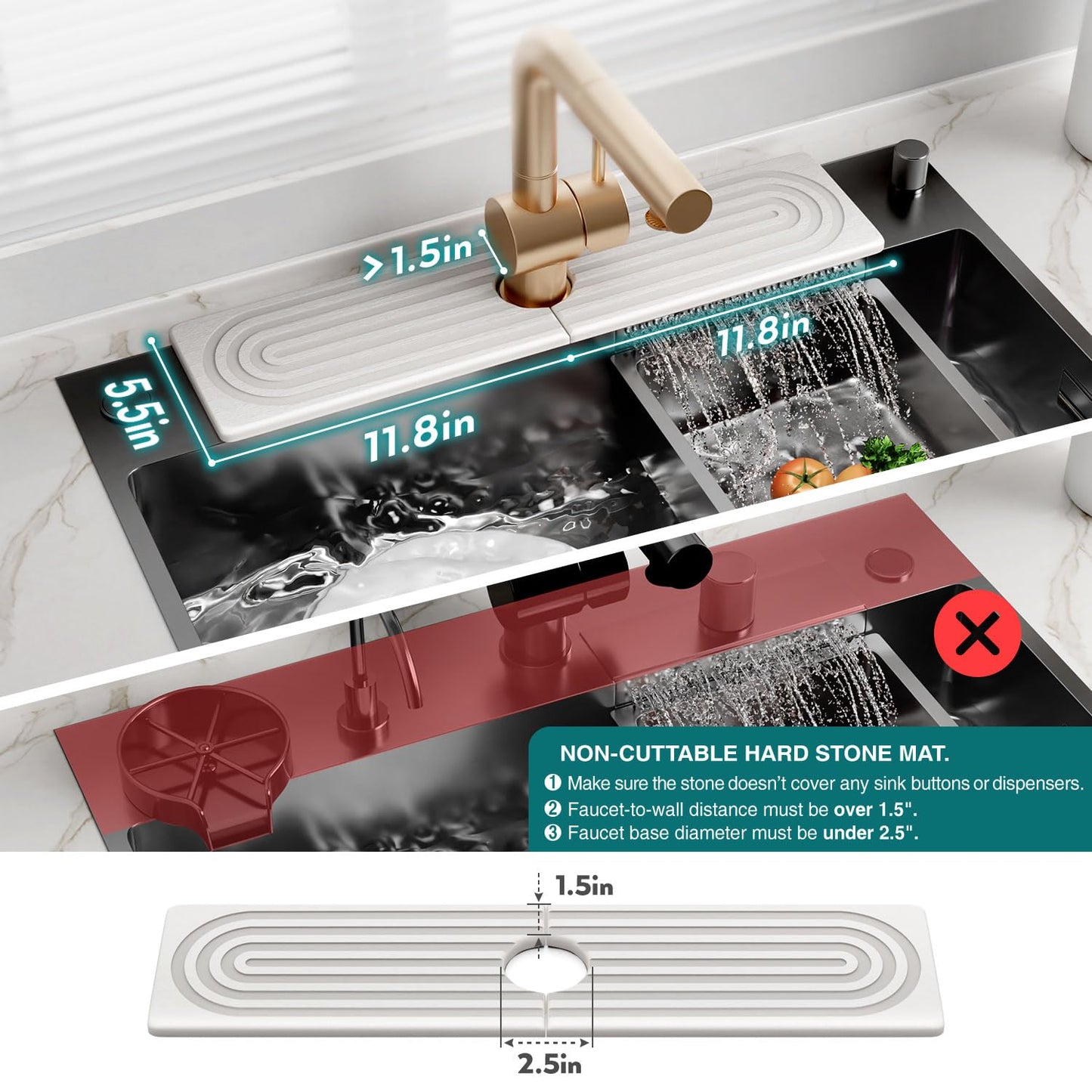 Large Faucet Mat for Kitchen Sink - Stone Drying Mat for Kitchen Counter, Diatomite Fast Drying Stone Sink Tray, Super Absorbent, Stylish Decor and Protector for Bathroom (Light Grey, 23.6" x 5.5")