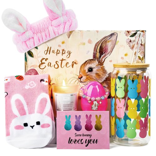 Easter Baskets for Adults, Easters Basket Easter Gifts for Teen Girls, 18oz Bunny Glass Cup Gift with Lid Straw, Prefilled Easters Basket Stuffers for Women with Candle, Bracelet, Socks Hairband