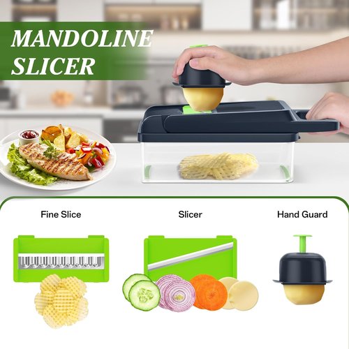 HomeHacks Vegetable Chopper - 12-in-1 Multi-Functional Kitchen Gadget with Handle | Green Dicer, Slicer & Grater