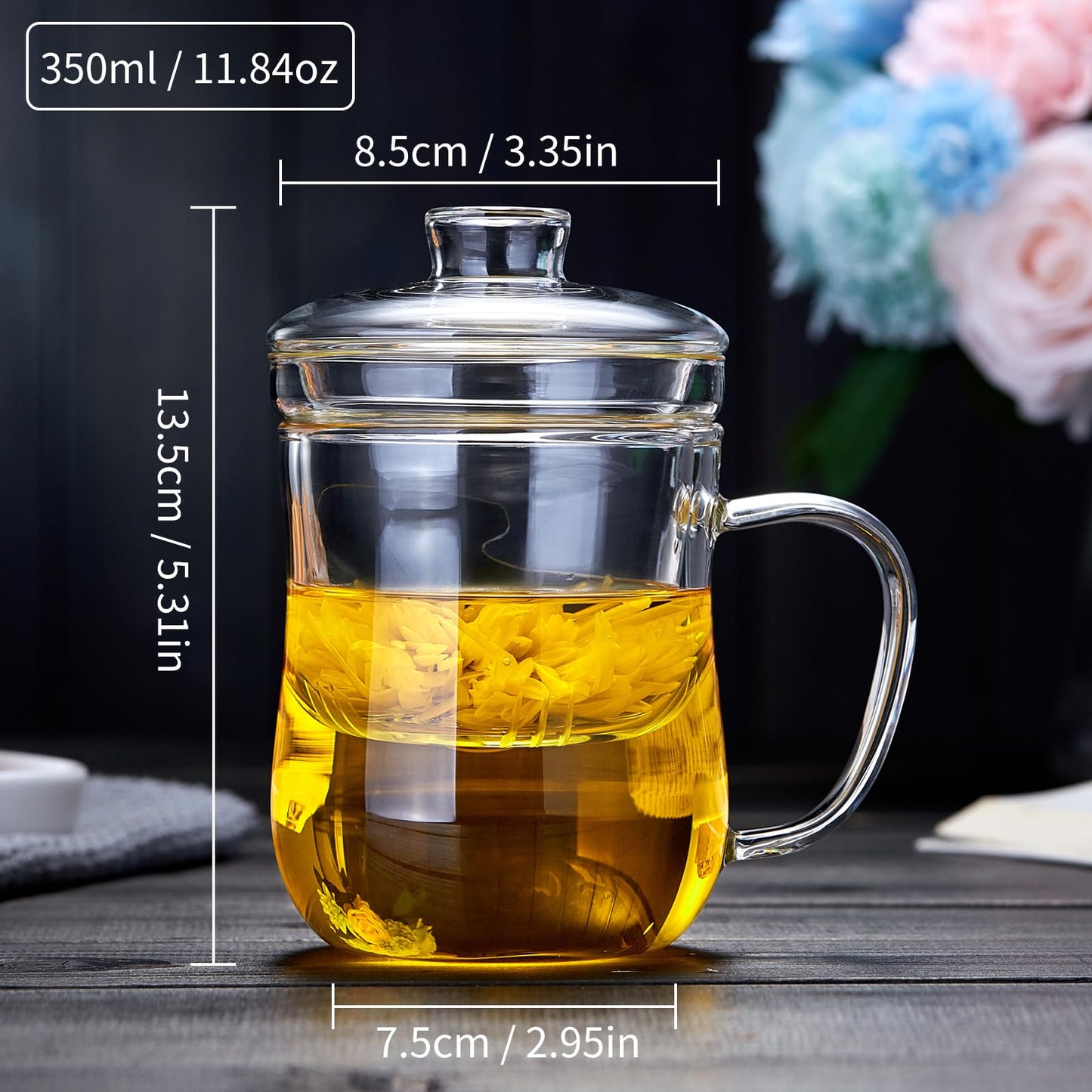 DOPUDO Glass Tea Cup with Infuser and Lid, 12oz/350ml Large Borosilicate Teacup, Clear Mug for Loose Leaf Tea, Birthday Gift for Tea Lover