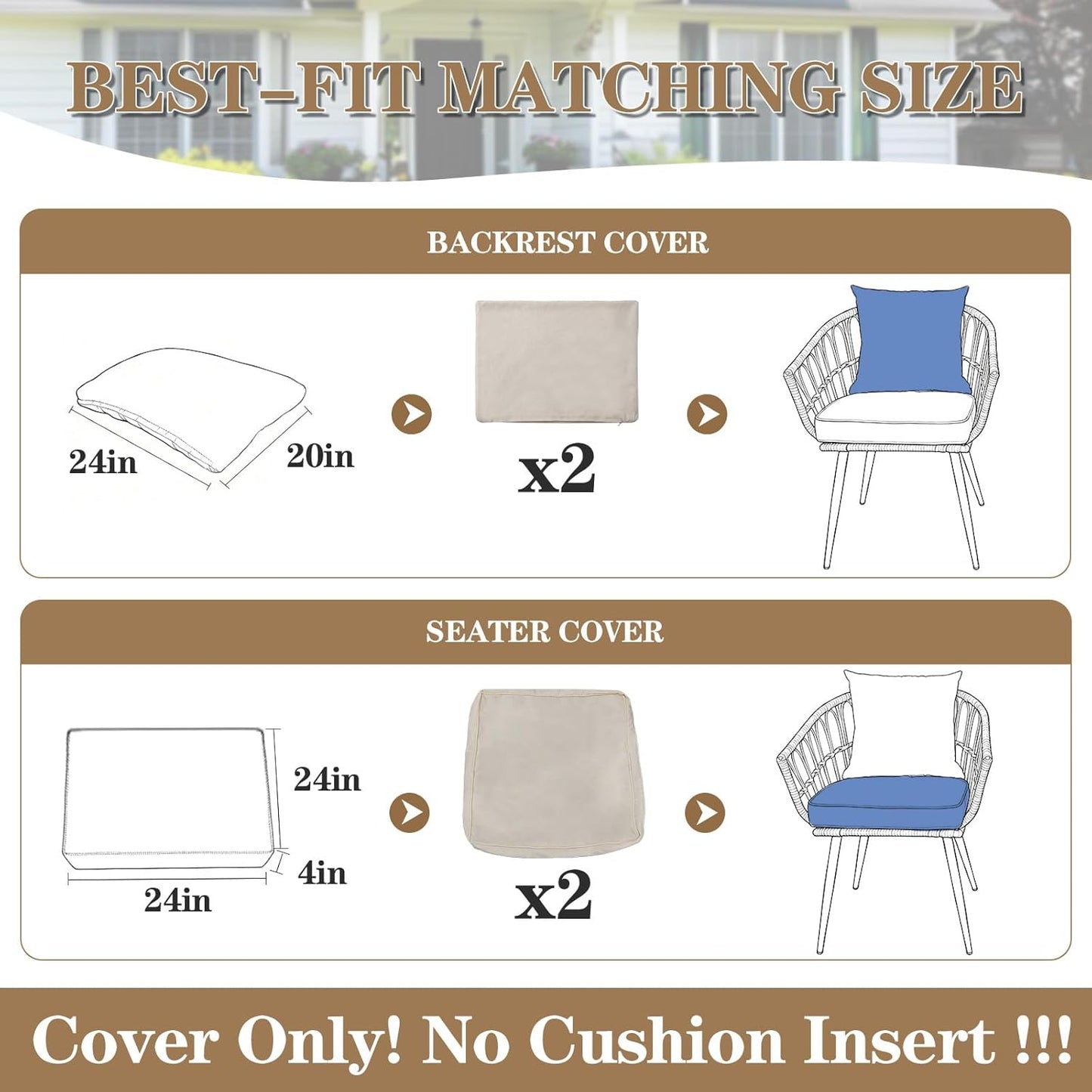 Skiennix 4PCS Patio Cushion Covers - Splash-Proof Deep Seat Slipcovers for Outdoor Furniture | Beige