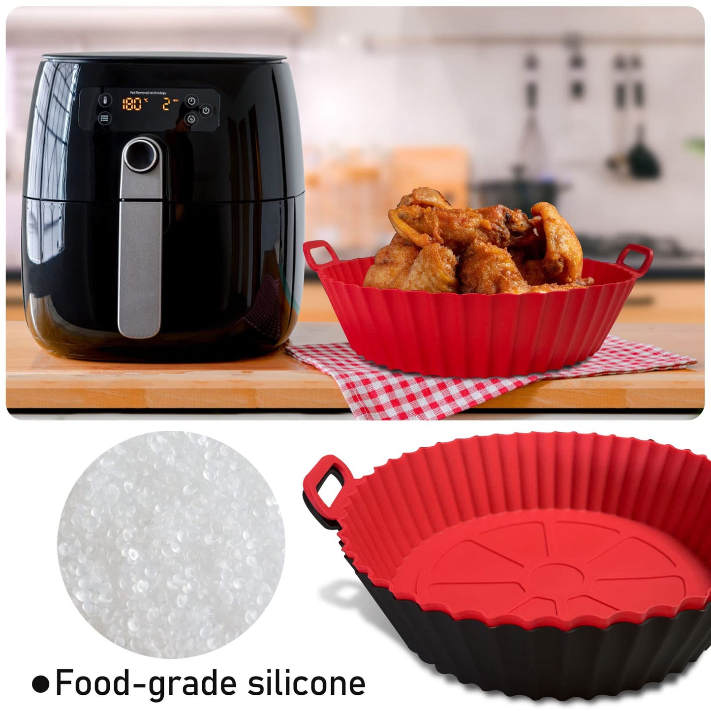 Air Fryer Silicone Liners Pot,8 inch Air Fryer Basket Liners, Silicone Baking Tray Pots for 3 to 5 Qt for Air fryer Oven Reusable Baking Tray Oven Accessories (Red+Black)