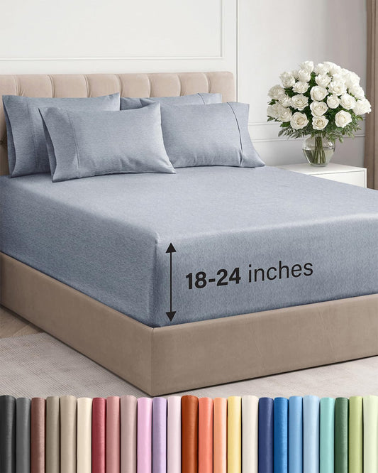 Skiennix Extra Deep Cal King Sheet Set - 6-Piece Breathable Cooling Luxury Bedding - Soft Wrinkle-Free Heathered Blue
