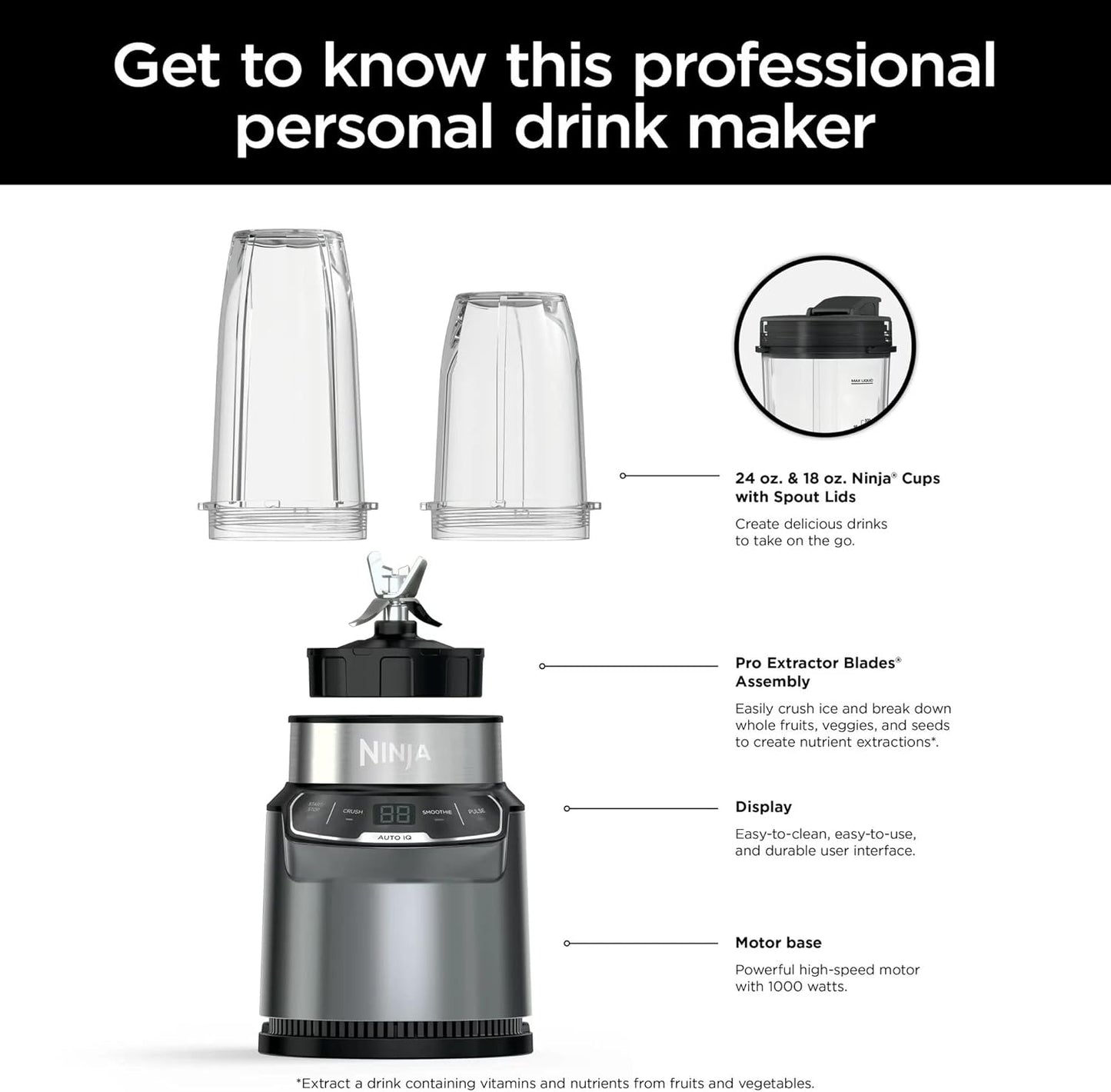 Ninja BN400 Nutri Pro Compact Personal Blender - 1000 Watts, Auto-iQ, 18oz & 24oz To-Go Cups - Stone Silver
