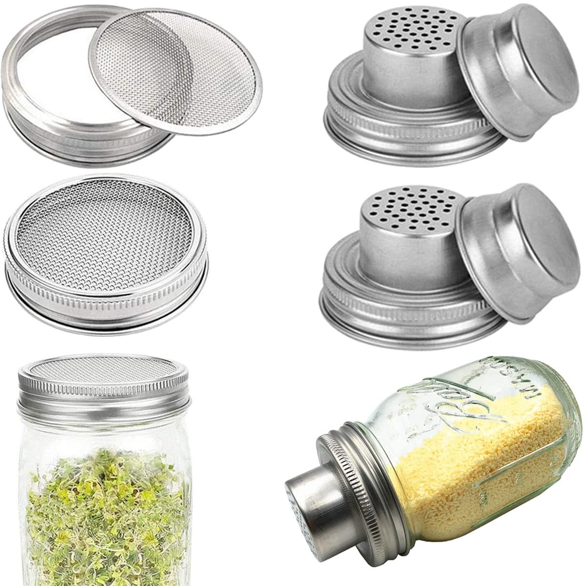 Mason Jar Shaker Lid 316 Stainless Steel Wide Mouth Mason Jar Sprouting Mesh Strainer Lids Kits for Mason Jars Canning Lid 4 Pack Silver