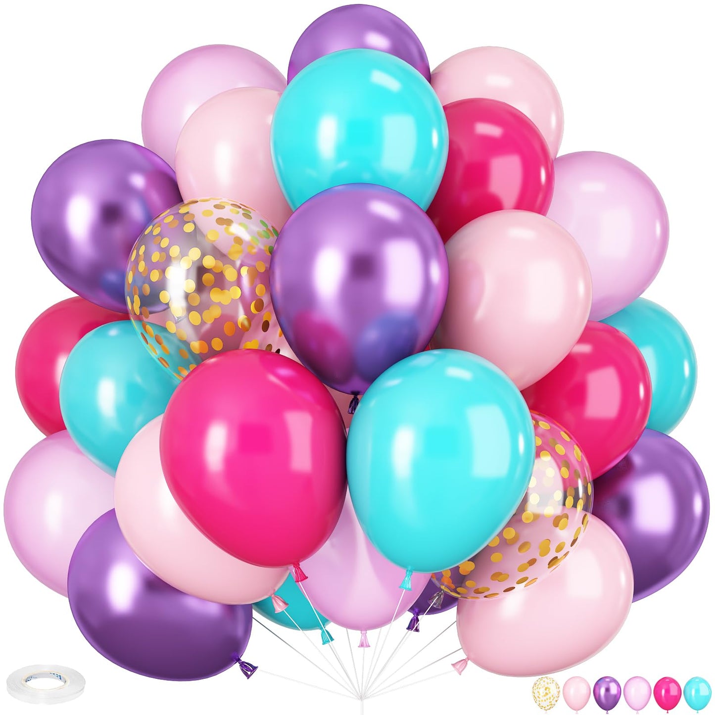 HILAVO Pink and Purple Balloons, 60PCS 12Inch Purple Pink Teal Blue Balloons and Gold Birthday Balloon for Girls Princess Birthday Mermaid Baby Shower Party Decorations