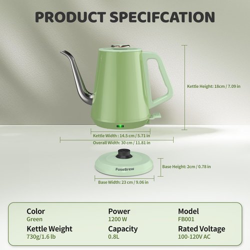 Gooseneck Electric Kettle(0.8L),1200 Watts Fast Boiling,Stainless Steel BPA Free,Automatic Shut Off,Pour Over Kettle for Small Kitchen,RV,Trip,Coffee & Tea- Green