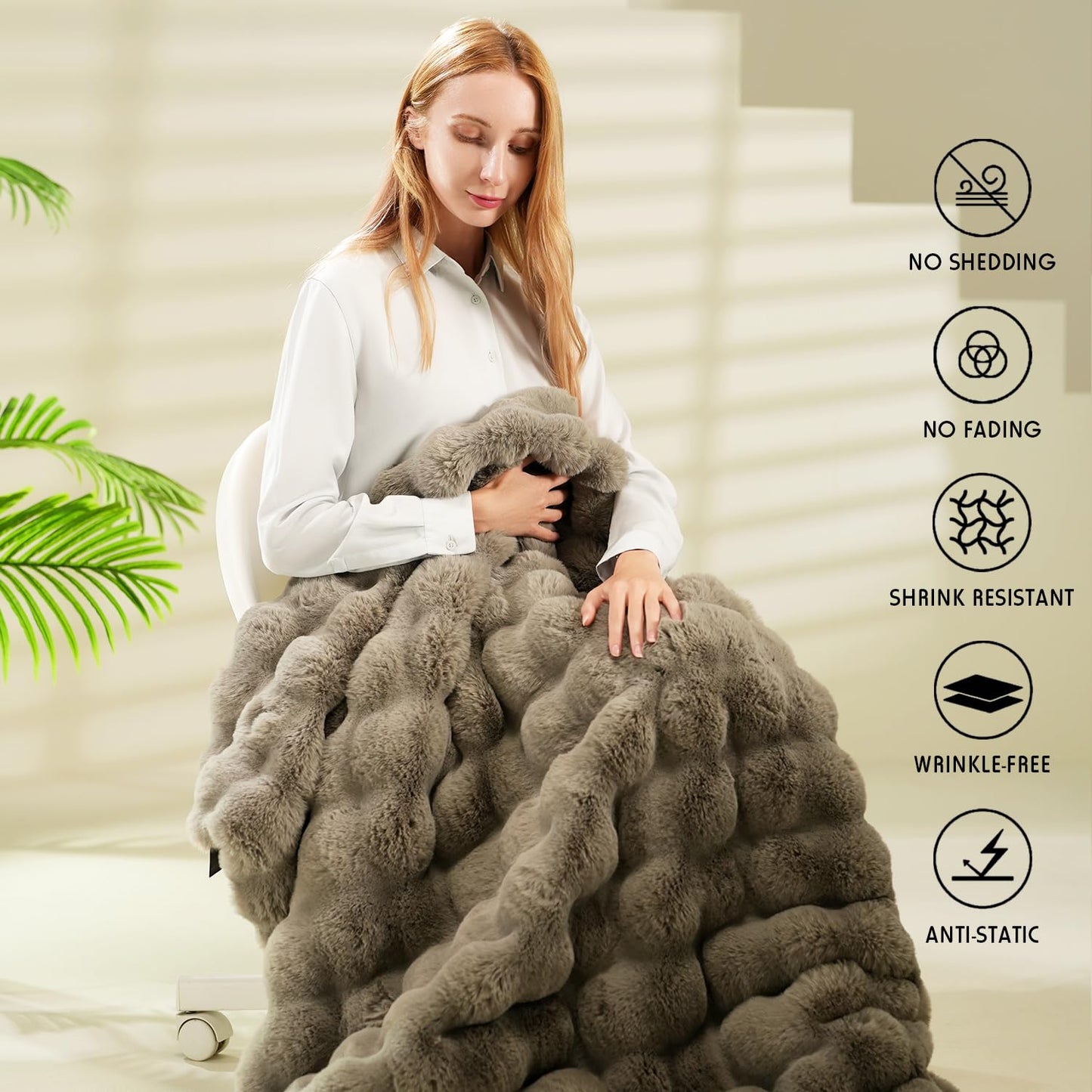 Super Comfort Oversized Warm Thick Bubble Luxury Plush Rabbit Faux Fur Throw Blanket, Fluffy Blanket,Soft Cozy Blanket for Couch Chair Bed Sofa Living Room,Grey 60'' x 80''
