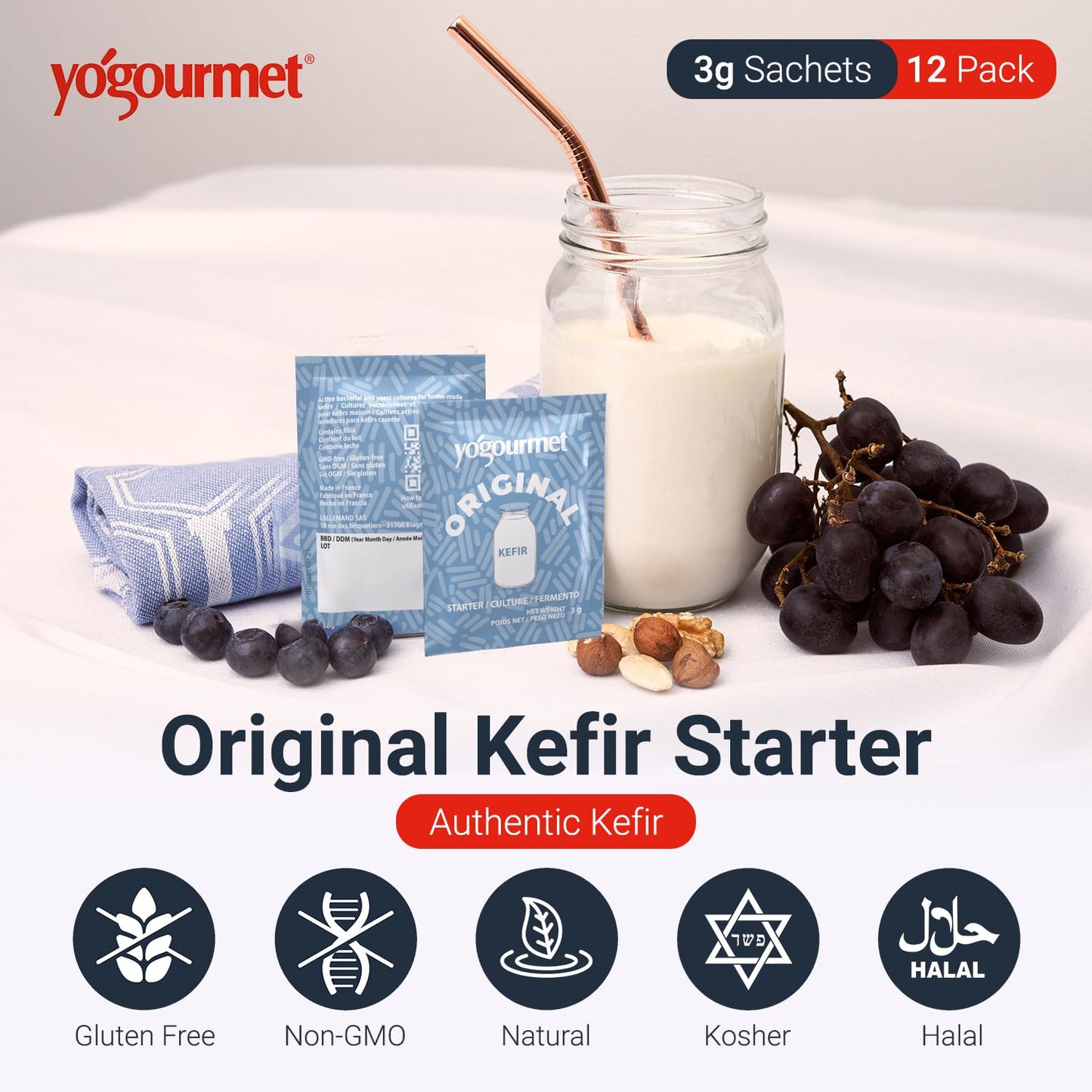 Yogourmet Kefir Starter (12 Pack Bulk Version) - Make Kefir at Home - Starter Culture - All Natural, Gluten Free, Kosher, Halal - 3 g Sachets