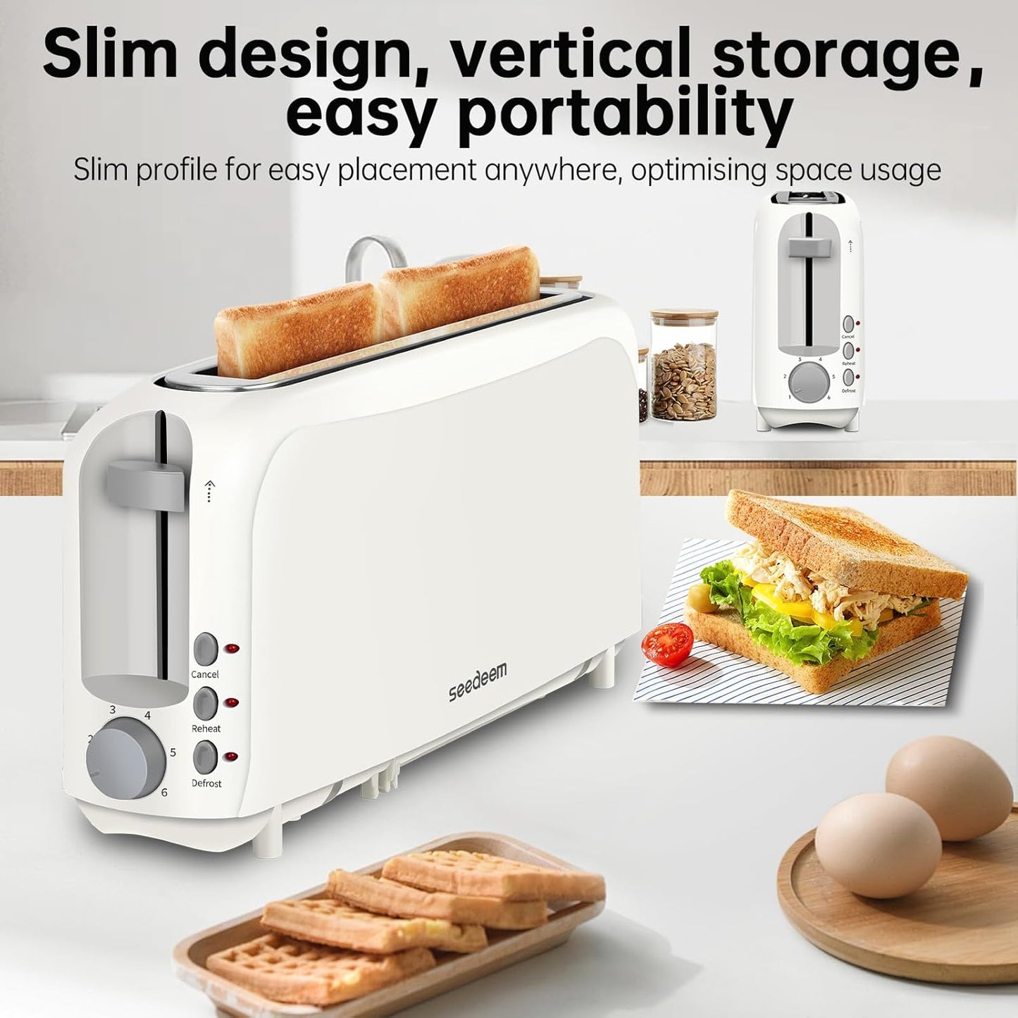 SEEDEEM 2-Slice Slim Toaster - Fits Bagels & Artisan Bread | 10" Long Slot, 6 Shade Settings, Auto Shut-Off, White