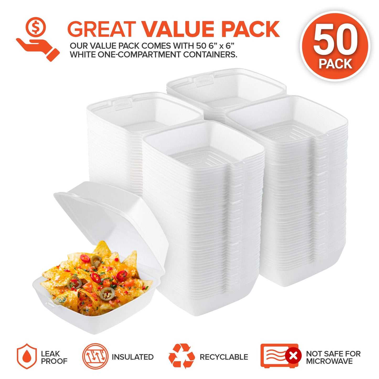 Stock Your Home 6x6 Clamshell Take Out Boxes (50 Pack) Small 1-Compartment Foam Food Containers Disposable Lunch Container, Restaurant Togo Trays with Hinged Lids for Takeout, Carryout, and Meal-Prep