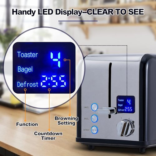 CUSIMAX Stainless Steel 2-Slice Toaster - LED Display, Extra-Wide Slots, 6 Browning Settings, Black