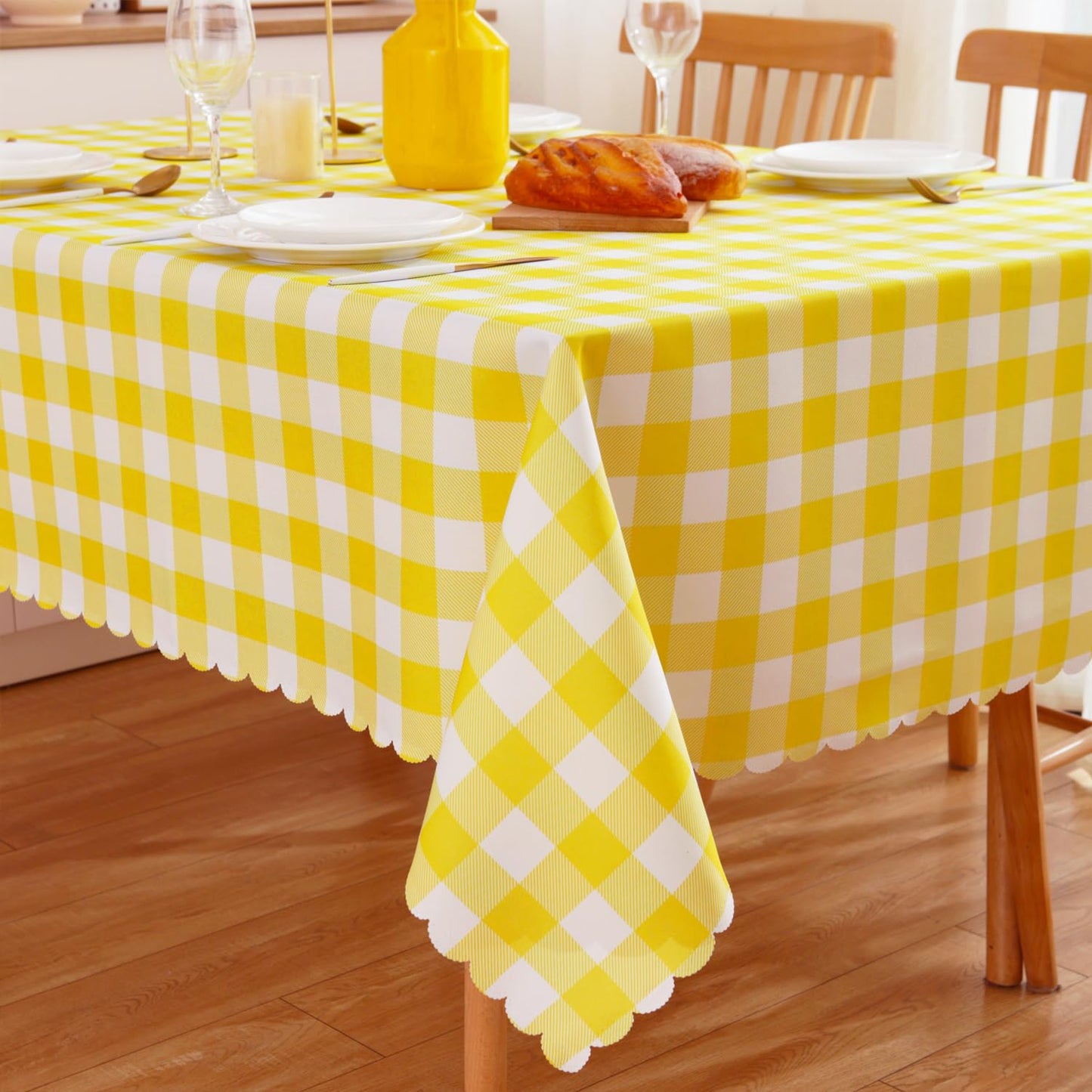 MANGATA CASA 2PCS Yellow Gingham Tablecloth for Rectangle Tables-Checkered Table Cloth Waterproof Kitchen & Table Linens-Polyester Buffalo Plaid Wrinkle Free Table Cover(Light Yellow 60x84in)