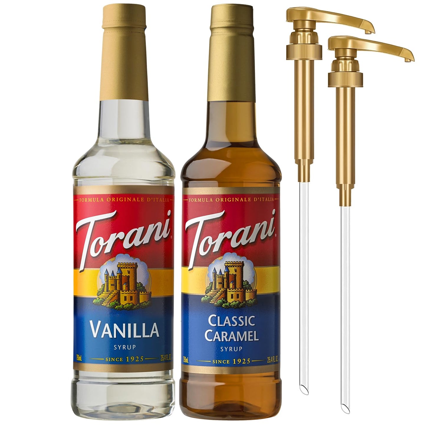 Torani Syrups - Classic Caramel & Vanilla Coffee Syrup Variety 2-Pack | 25.4 Fl Oz Each, Pumps Included