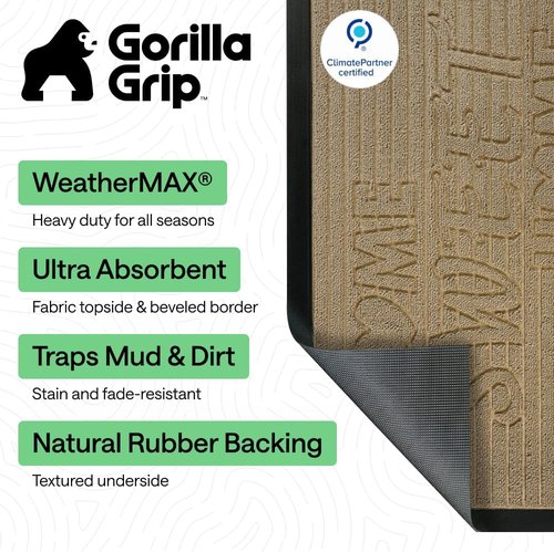 GORILLA GRIP 100% Waterproof WeatherMAX Doormat - Stain & Fade Resistant, 47x35 Natural Rubber | Easy Clean Indoor/Outdoor Mat