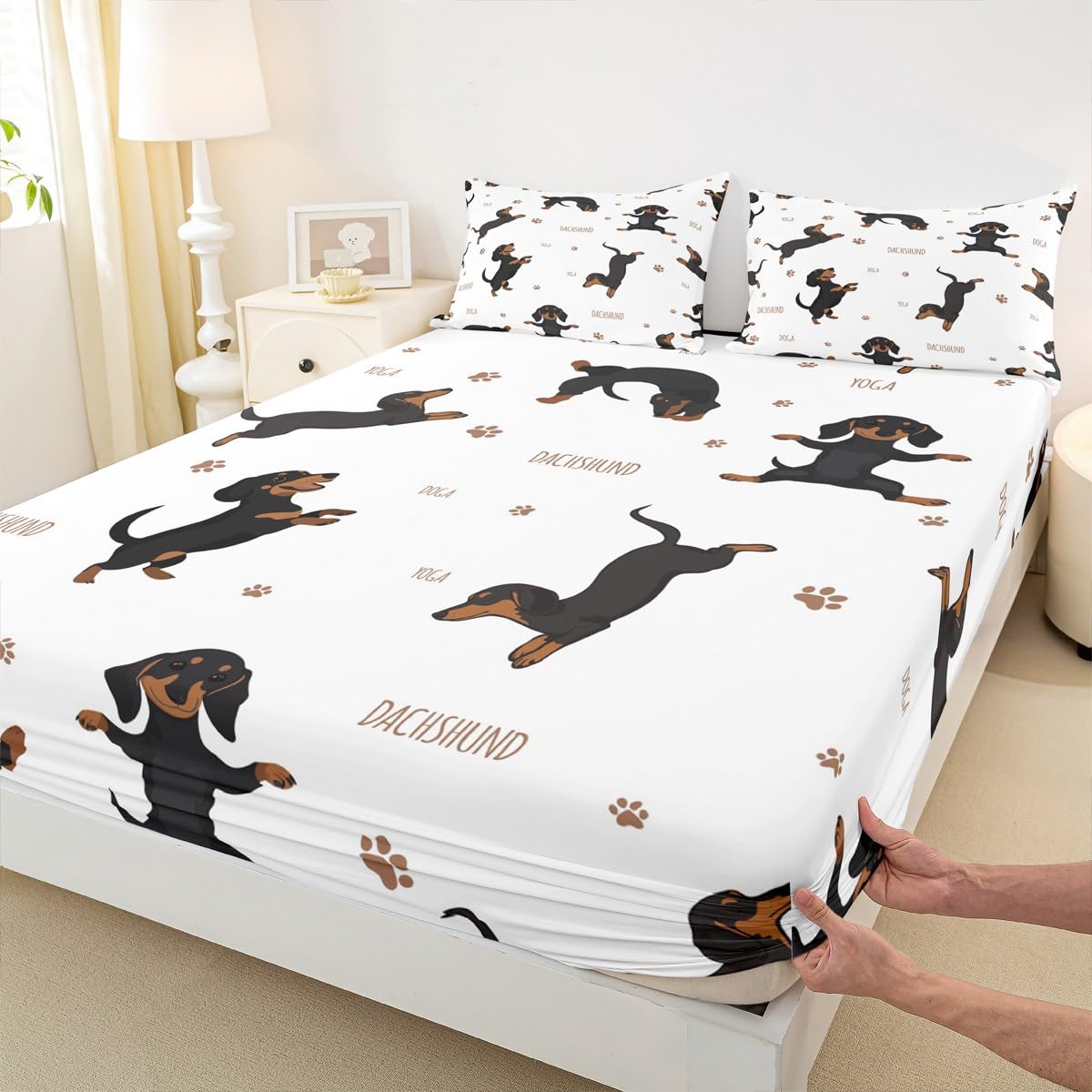 Feelyou Sausage Dog Bed Sheets Set Boys Dachshund Sheet Set for Kids Ultra Soft Puppy Dog Sheets with Deep Pocket Fitted Sheet Kawaii Pet Brown Bedding Set Room Decor Queen