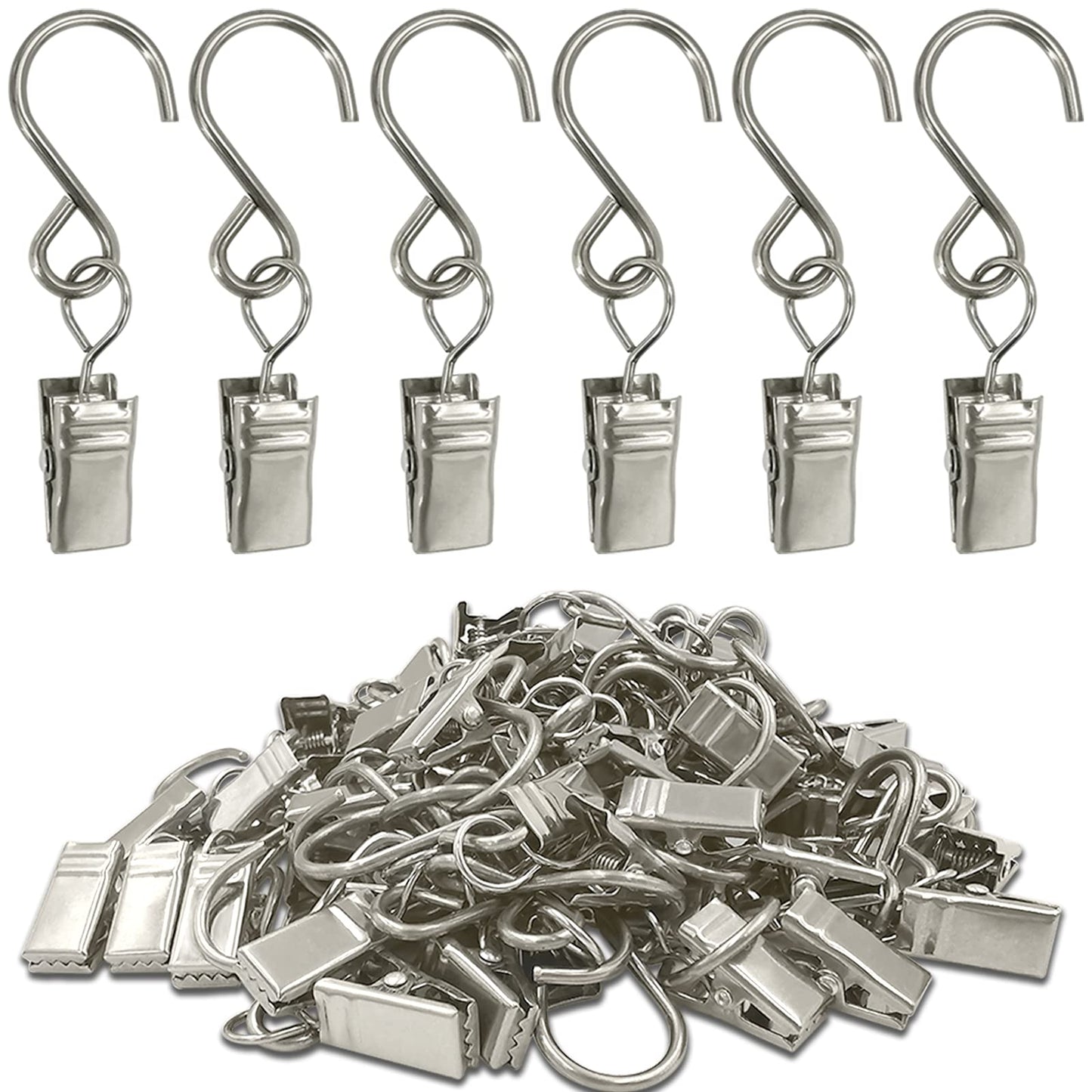 AMZSEVEN Stainless Steel S Hooks Curtain Clips, 50 Pack Hanging Party Lights Clips, Hangers Gutter Photo, Art Craft Display, 2.4 Inch Long, Silver