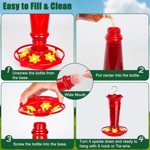 Gbekery 10 OZ Glass Hummingbird Feeders - Ant & Bee Proof, 6 Feeding Ports | Red 2 Pack Garden Décor Gifts