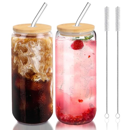 DAMCONME Glass Cups with Lids and Straws Set of 2 - Iced Coffee Cups with Lids for Cold Brew and Beer, 20 oz Can Shaped Glass with Bamboo Lids and Straws - Aesthetic Coffee Bar Gift for Coffee Lovers