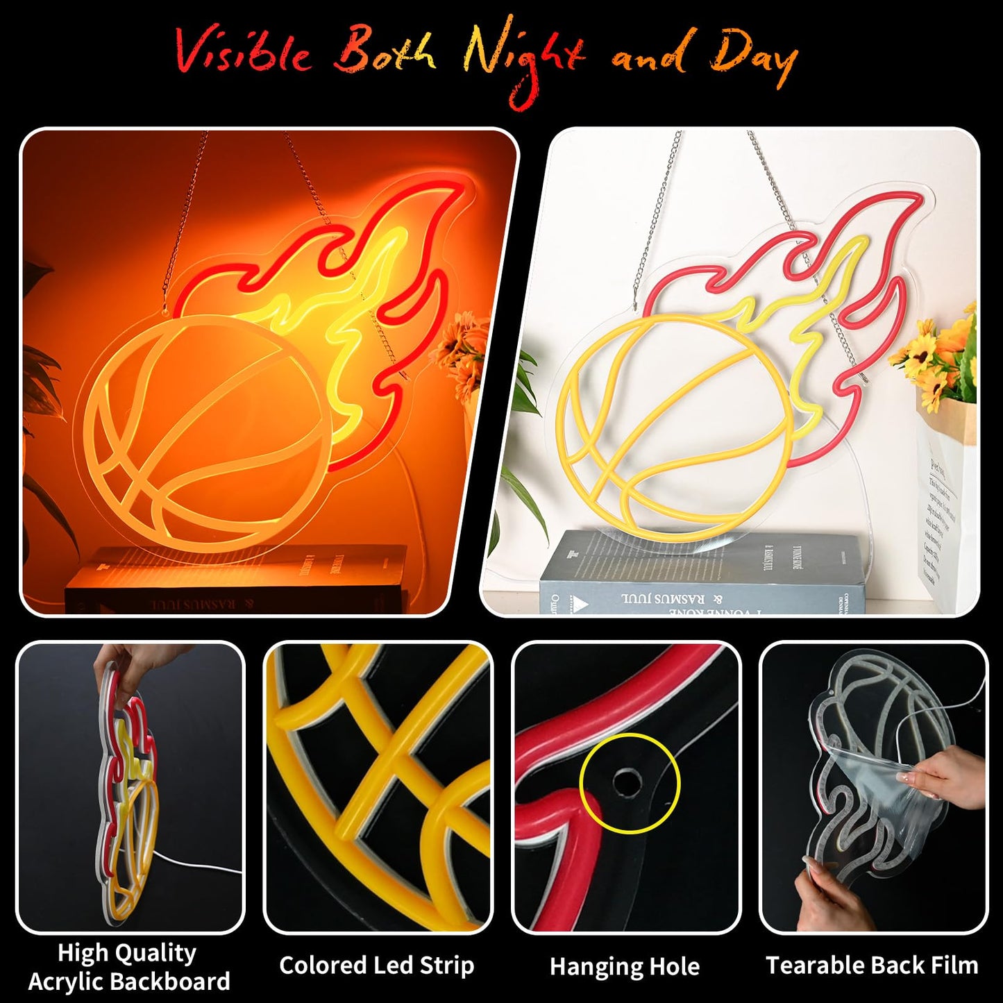Basketball Neon Sign, Orange Red Yellow Basketball Fire Led Sign for Boys Bedroom Wall Decor, Dimmable Basketball Flame Light Up Sign for Man Cave Kids Gift Sports Fans Birthday Party Room Decoration