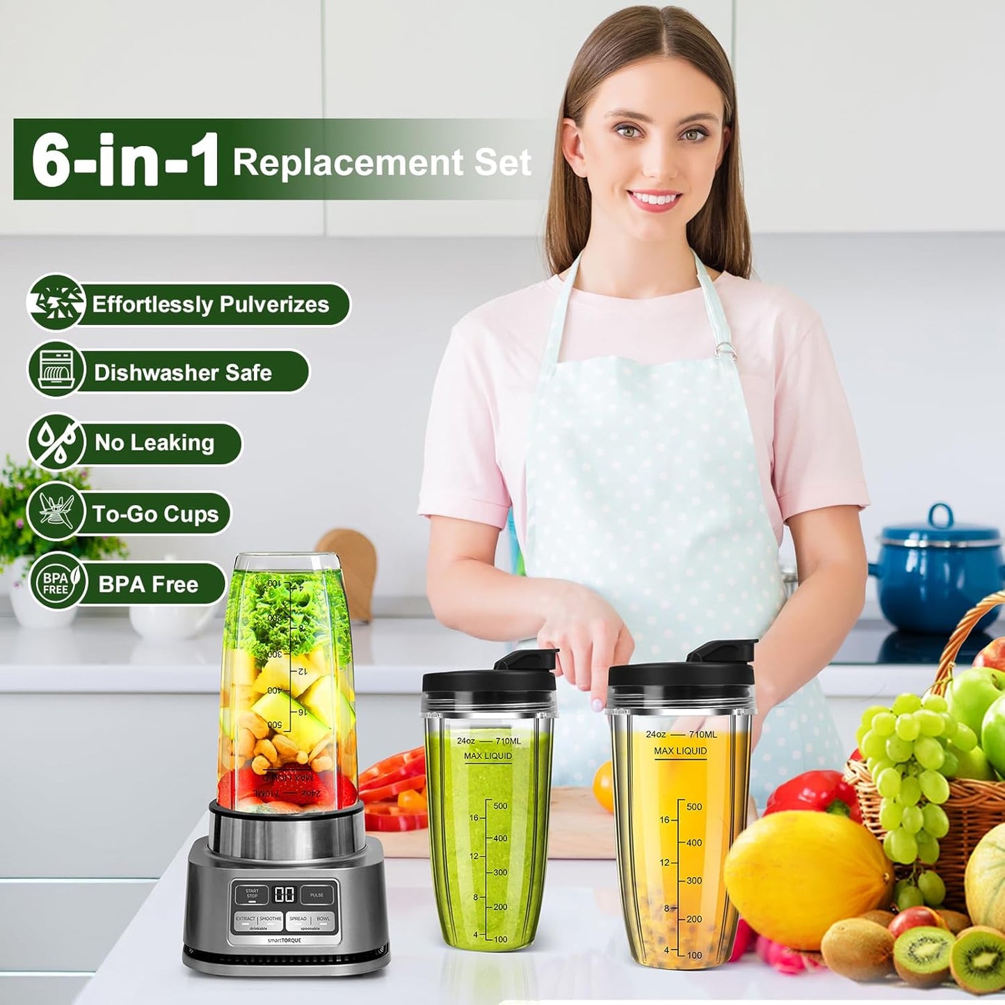 Ninja Blender Cups - 24oz Replacement Cups with To-Go Lids | Compatible with Multiple Ninja Models (3 Pack)